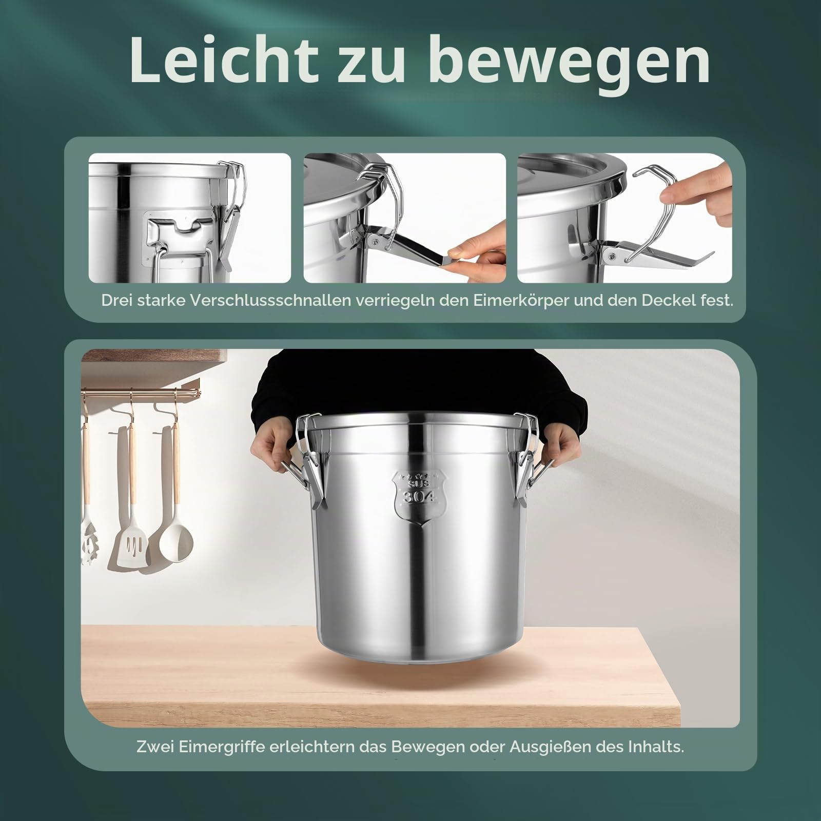 21L Eimer mit Deckel, Edelstahl Behälter Luftdichter Getreidebehälter aus 304 Edelstahl mit Verriegelungsklemme, Metalleimer für Mehl, Reis & Getreide Lebensmittelaufbewahrung, Silber