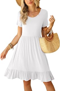 Round Neck Knee Length Dress for Women with Pockets Casual Summer Short Sleeve Pleated Ruffle Hem Short Dress