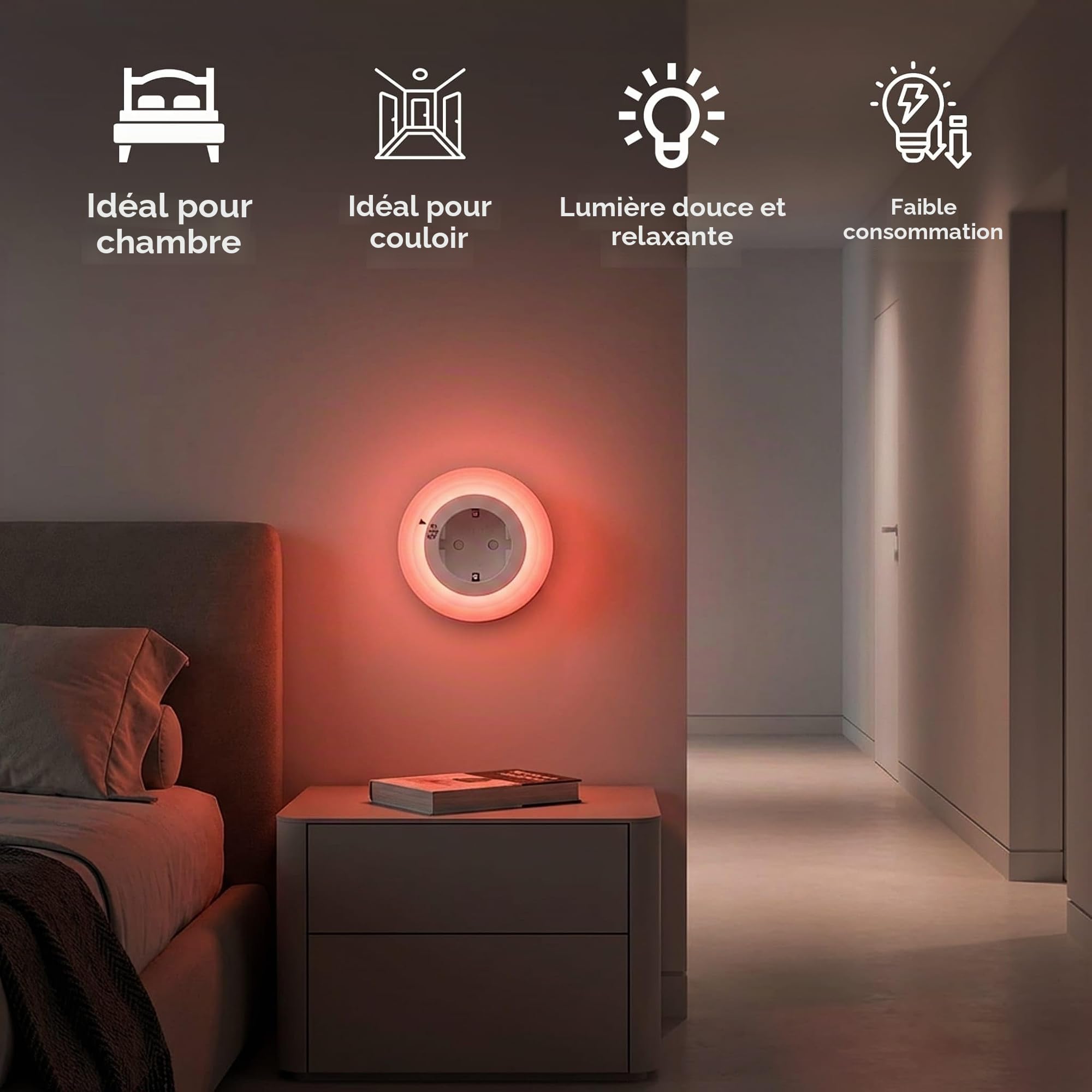 Veilleuse Rouge Mélatonine Prise Électrique – Capteur Lumière Automatique – 0% Lumière Bleue – Luminosité Réglable – Sommeil, Bébés et Allaitement – ON/AUTO/OFF – Pack 2