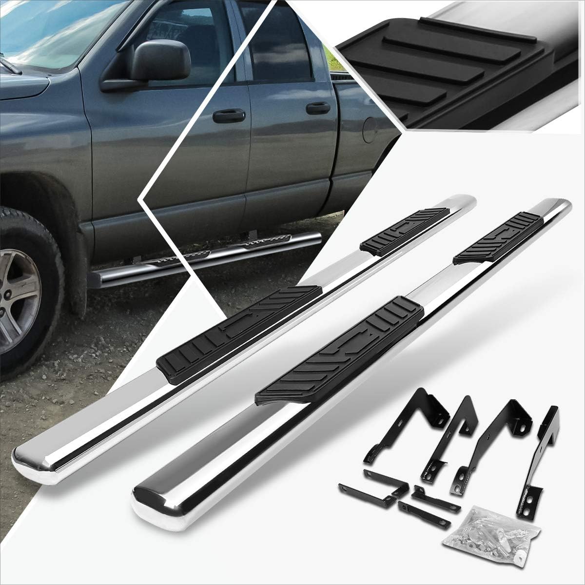 (2Pcs) 5 Inch Chrome Stainless Oval Nerf Step Bars Side Steps Compatible with 02-09 Dodge Ram Quad Cab 4DR