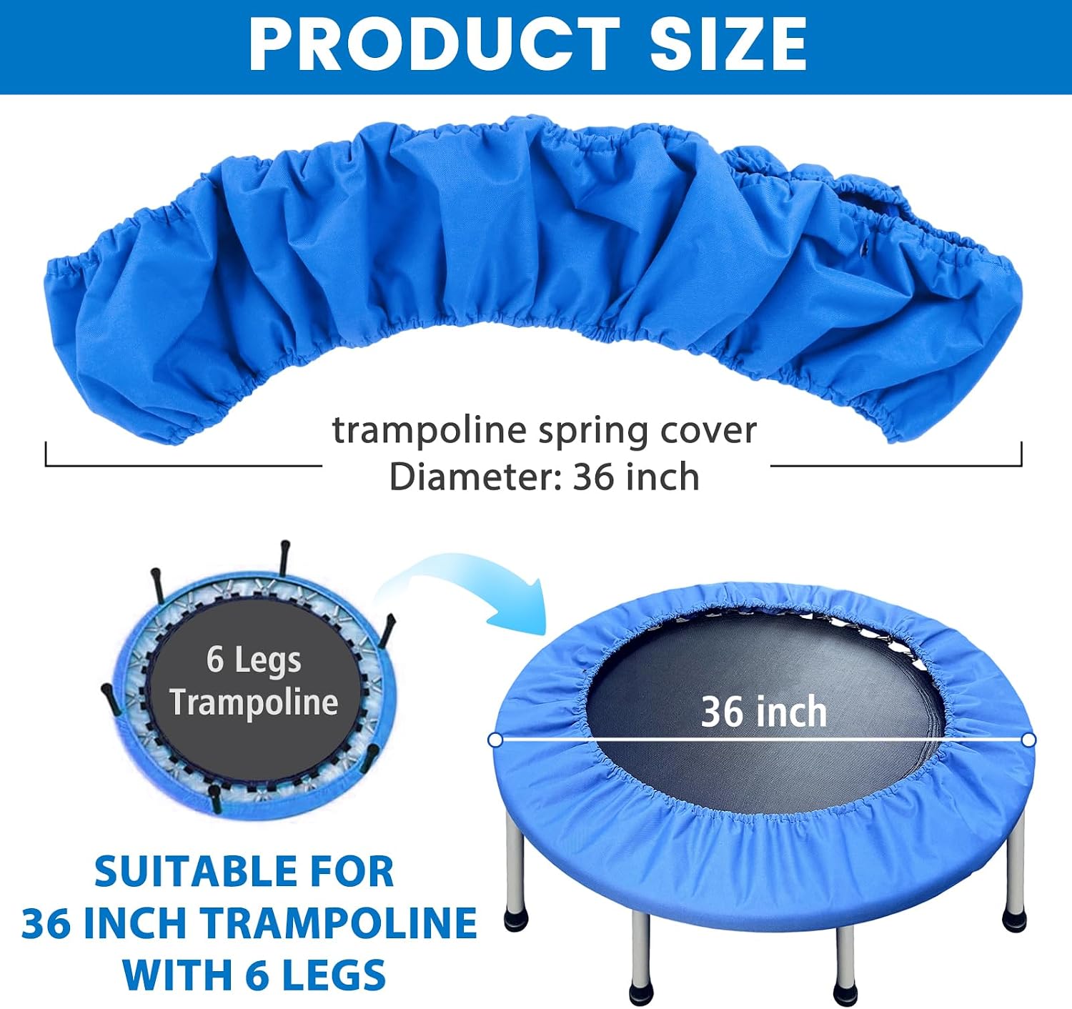 Mini Trampoline Spring Cover 36 Inch, Replacement Safety Pad with 6 Trampoline Leg Caps, 600D Thickened Oxford Cloth + Sponge + PE, Tear-Resistant Round Trampoline Cover (Cover Only)