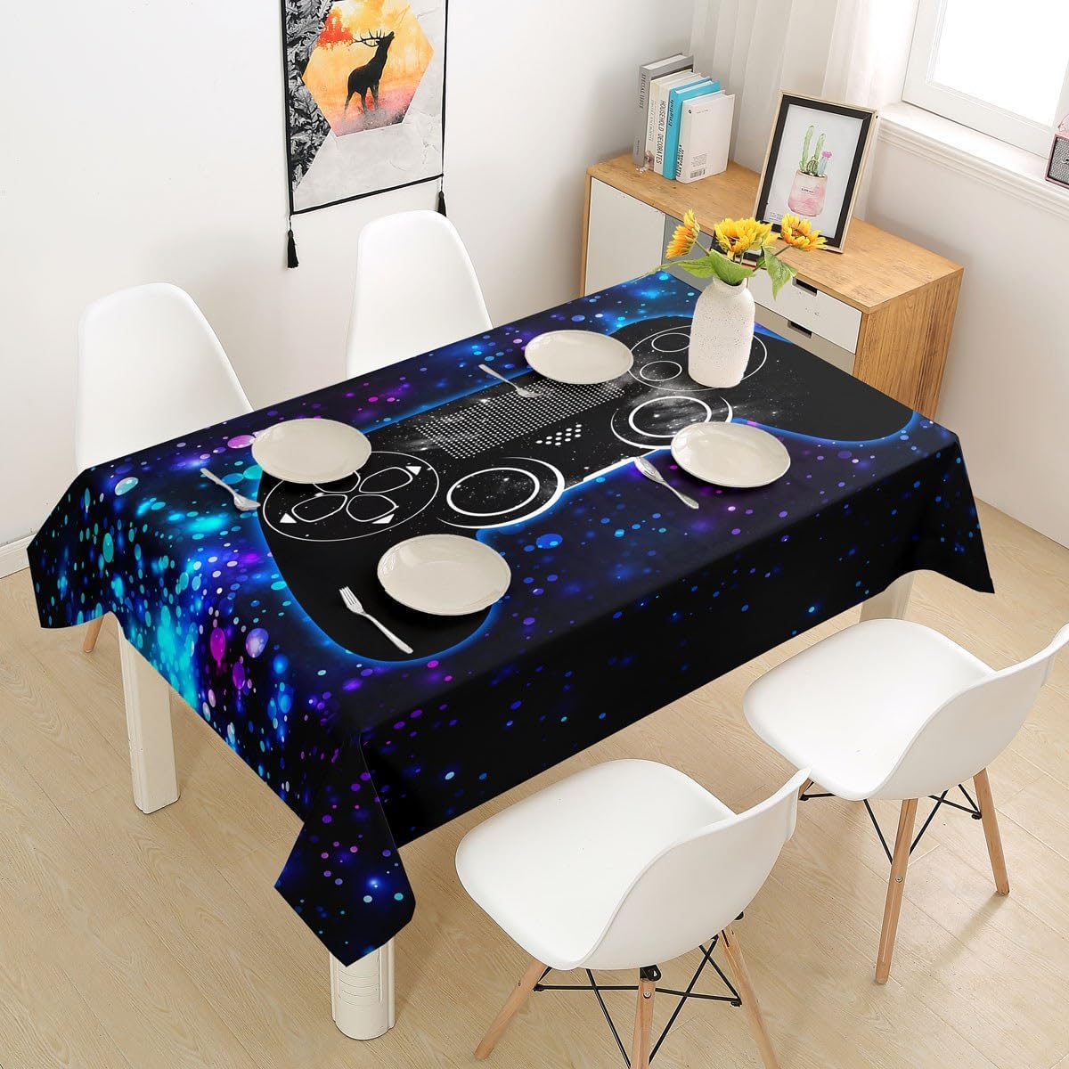 Video Games Gamepad Kids Tablecloths,Gaming Gamepad Modern Gamers Table Cover for Boys Men,Starry Sky Dots Geometric Table Cloth,Blue Purple Table Accessories for Kitchen,Square 55"x55"