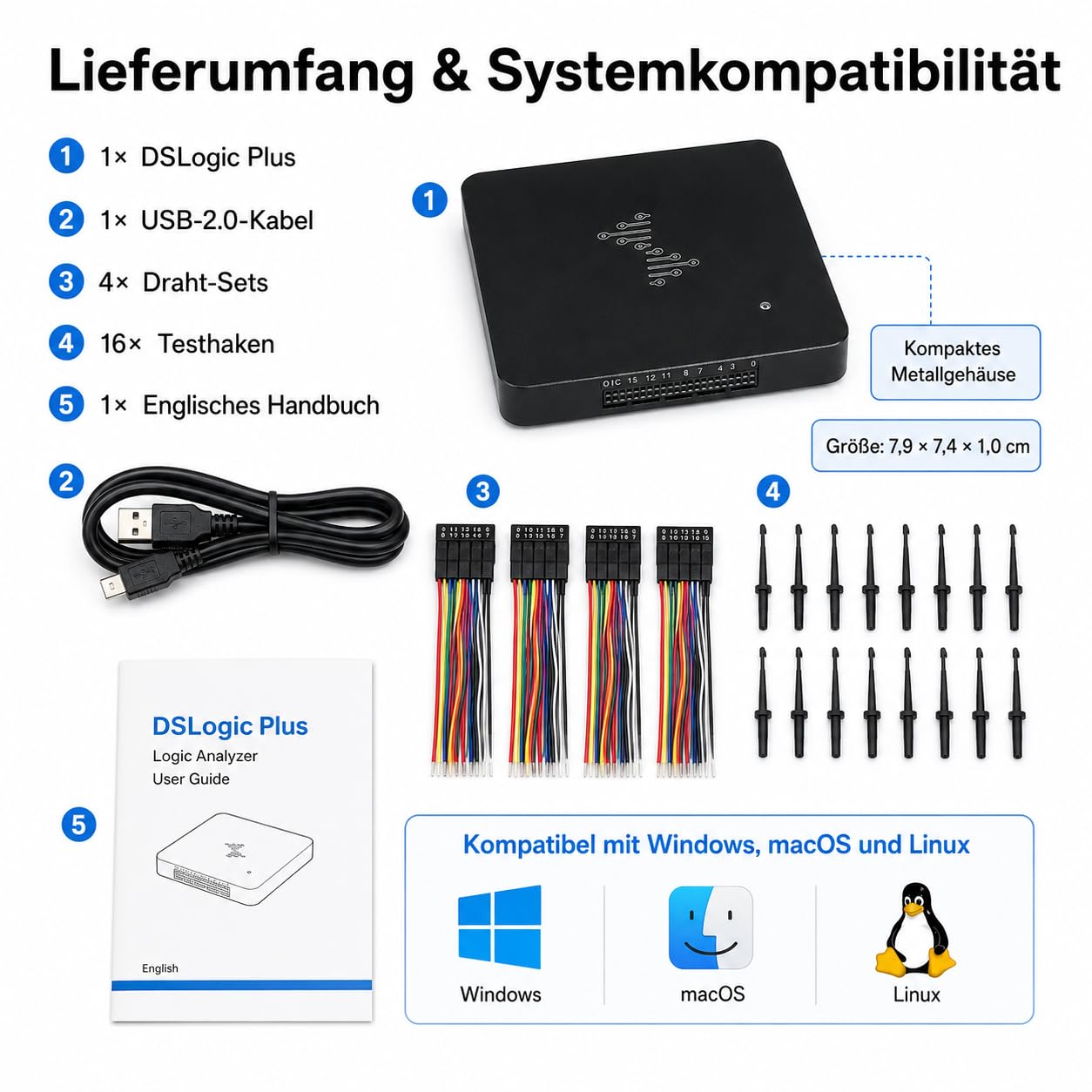 DSLogic Plus USB Logikanalysator, 16-Kanal Digitaler Signal- und Protokollanalysator, 400MHz Abtastrate, 256Mbits SDRAM, USB 2.0 (Plus – 400MHz / 256Mbits)