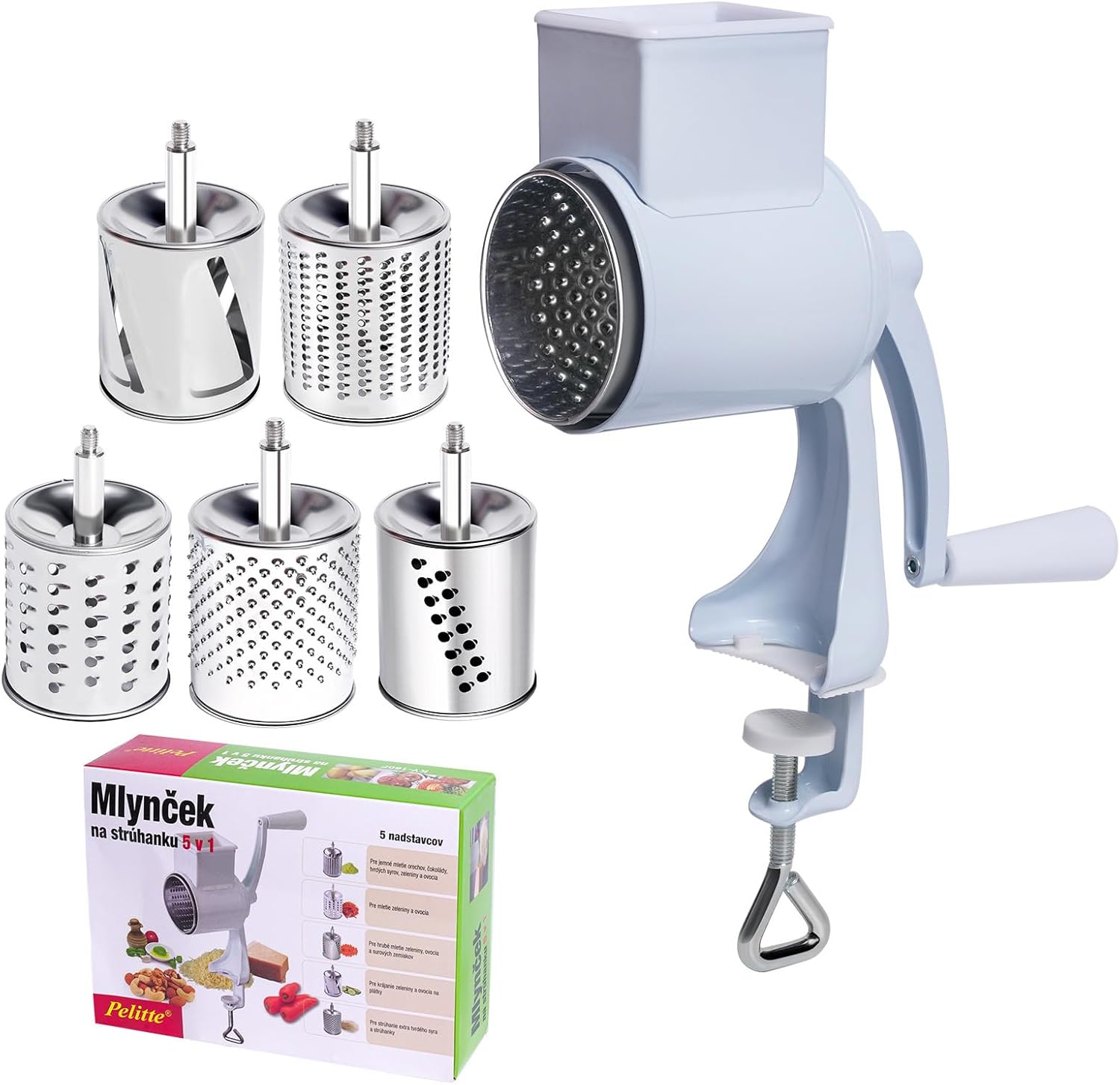 Strong Stainless Steel Manual Cheese Grater Featuring 5 Different Disks for Multiple Grating Choices Nut and Cheese Grinder