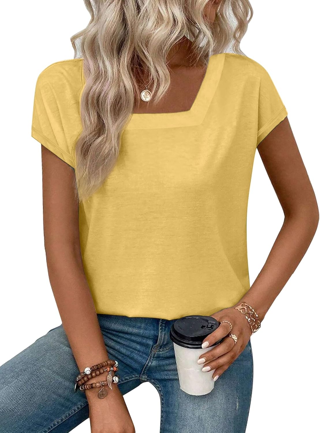 Womens Square Neck T Shirts Short Sleeve Summer Tops Casual Basic Tee Shirt 2025 Trendy Fashion Clothes - Image 5
