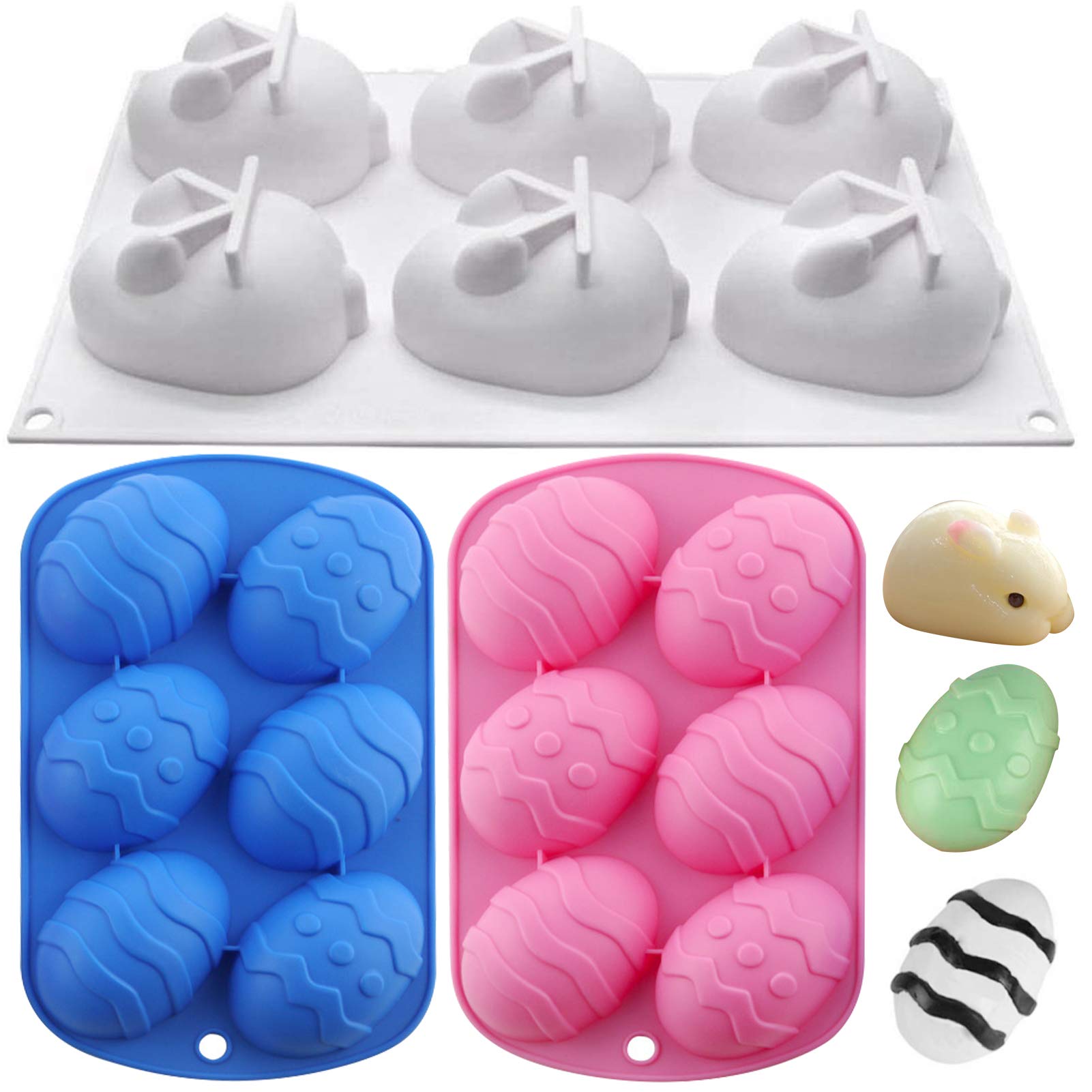 Cieovo 3 Pieces Easter Silicone Mold Sets, Easter Egg Shaped Silicone Cake Mold and 3D Easter Rabbit Bunny Silicone Mold DIY Baking Moulds Bakeware Tool for Fondant Candy Candies Cooking Supplies