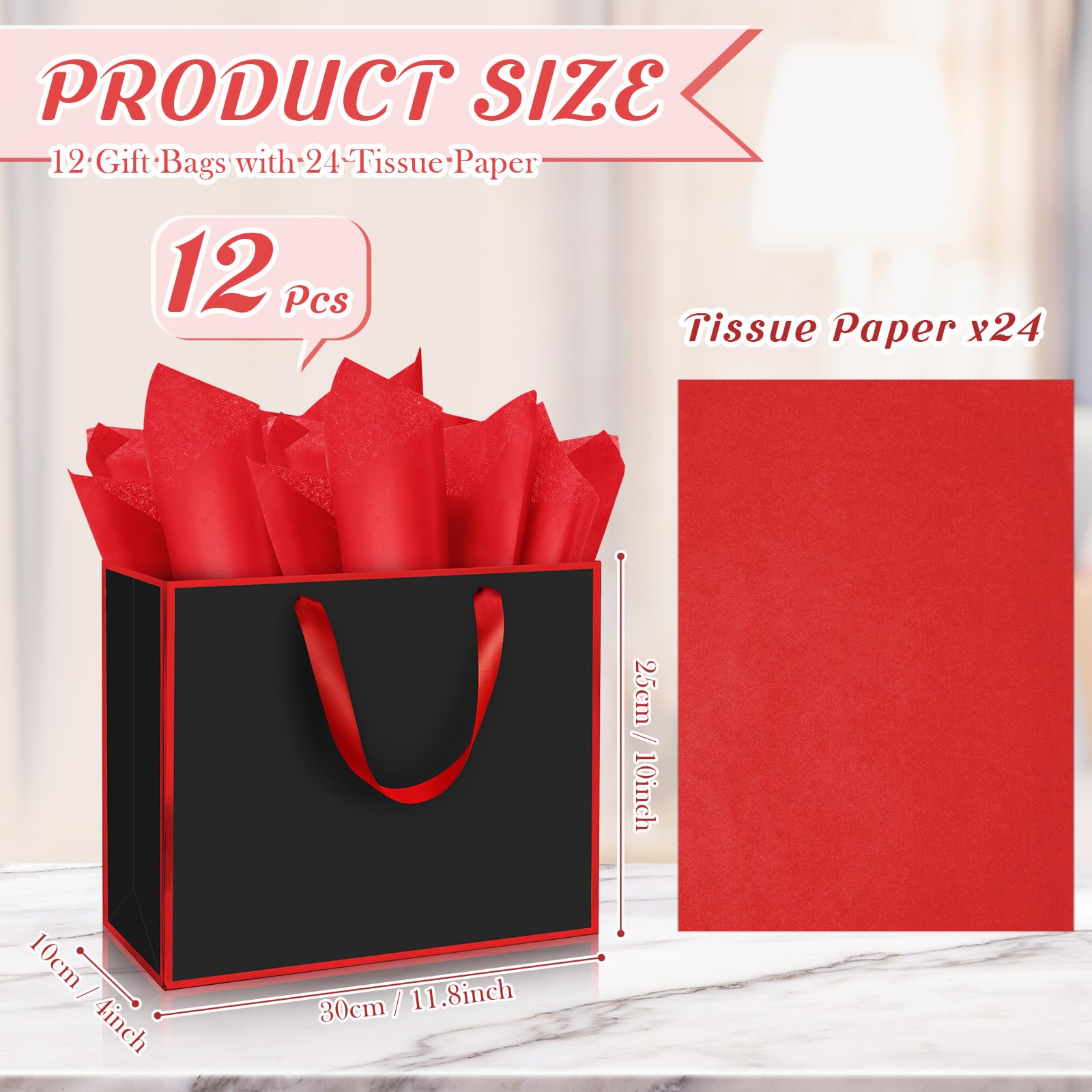 ReliThick 12 Pack Metallic Paper Gift Bag with Handles and Tissue Paper 11.8 x 10 x 4'' Thank You Favor Bag for Graduation Mother's Day Wedding Bridesmaid Groomsman 5 Senses Gifts (Black,Red)