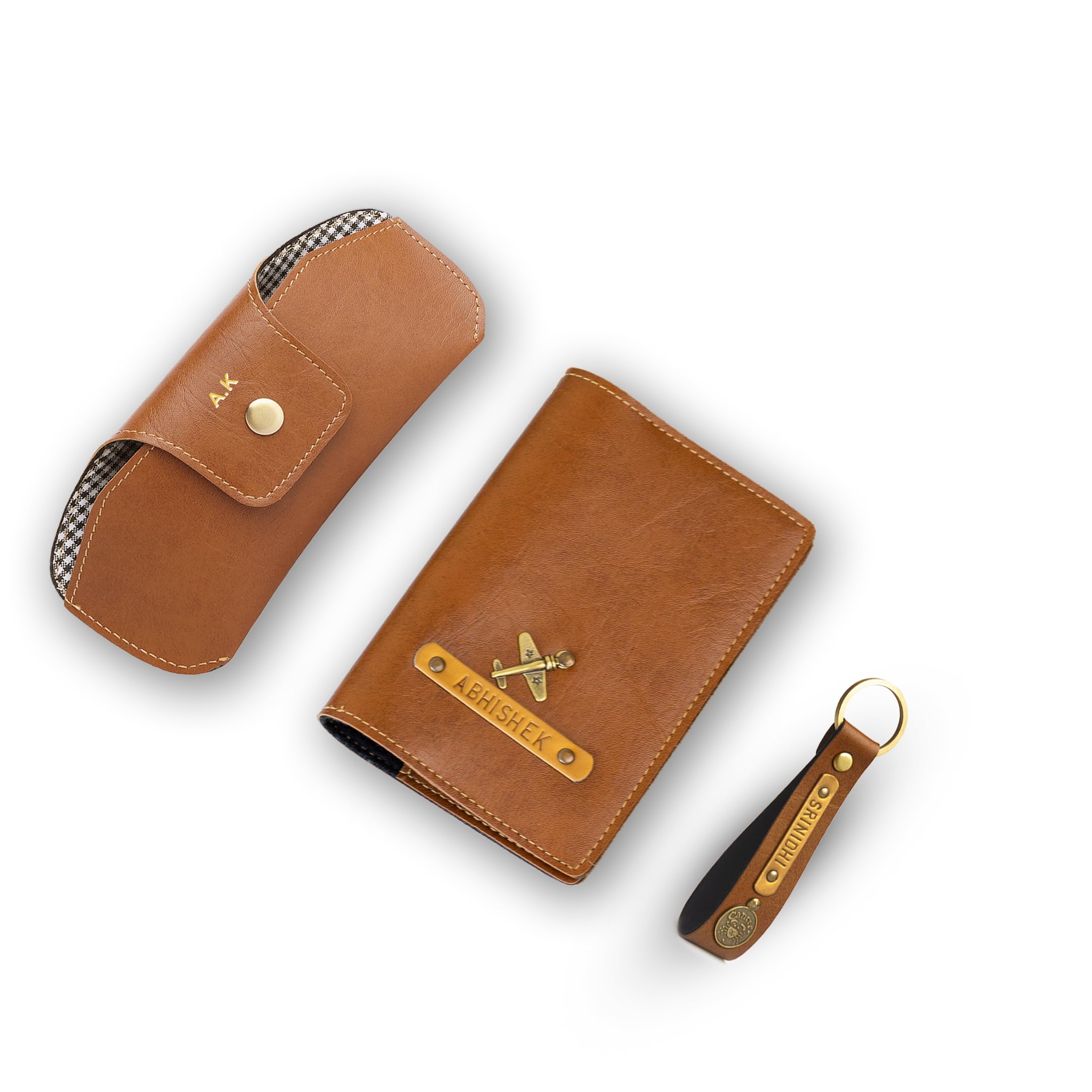 Personalised Gift Hamper for Valentine with Passport Cover, Keychain & Eye Wear Case with Name, Charm | Combo Accessories, Gifts for Husband/Boy Friend Client - Tan-image-18