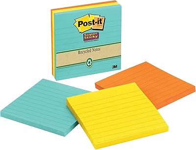 Post-it Recycled Super Sticky Notes, 4 x 4-Inches, Farmers Market Collection, Lined, 3-Pads