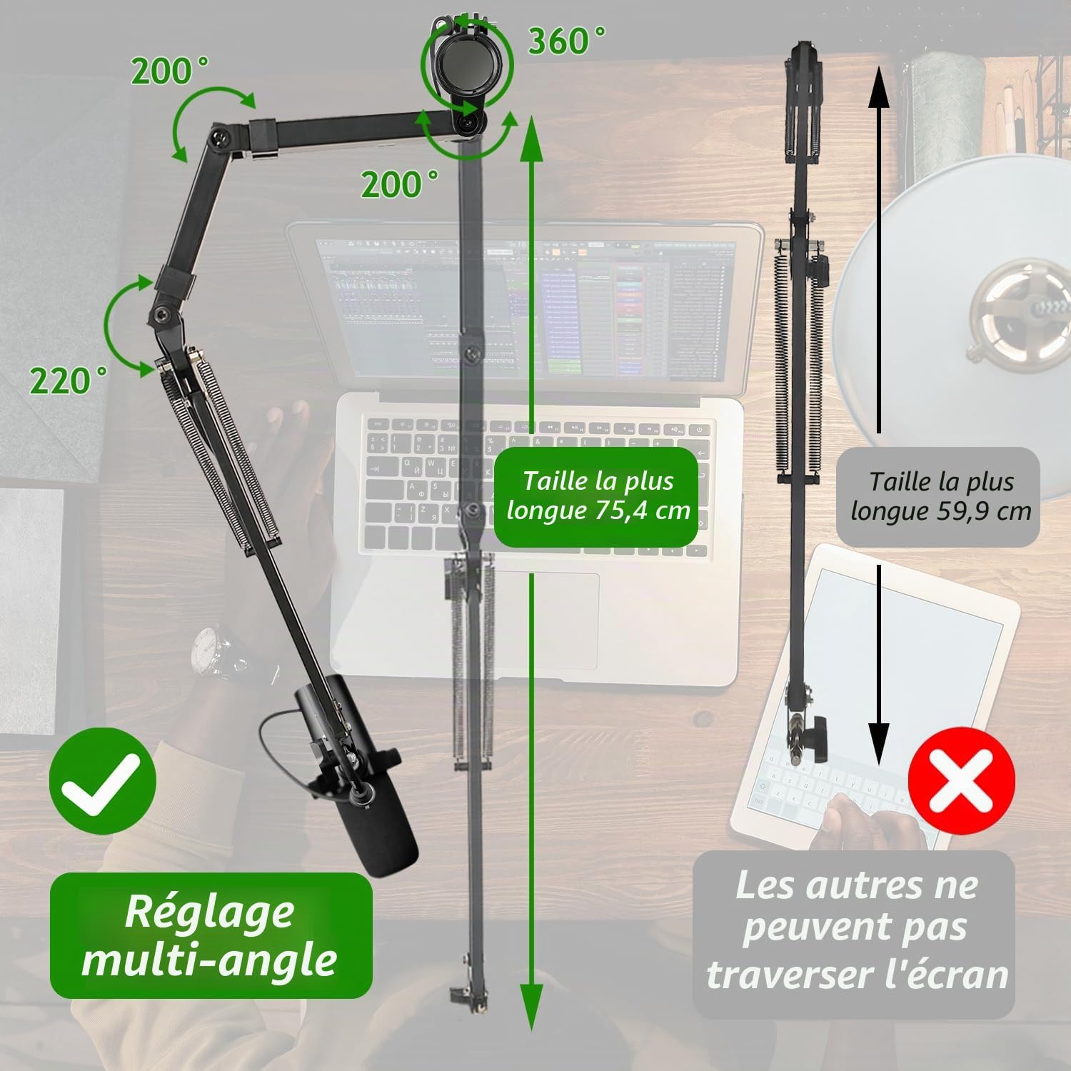 Bras Micro Réglable en Hauteur avec Barre D'extension Surélevée Support Microphone pour Shure SM7B, Blue Yeti, HyperX QuadCast S et Autres Microphones