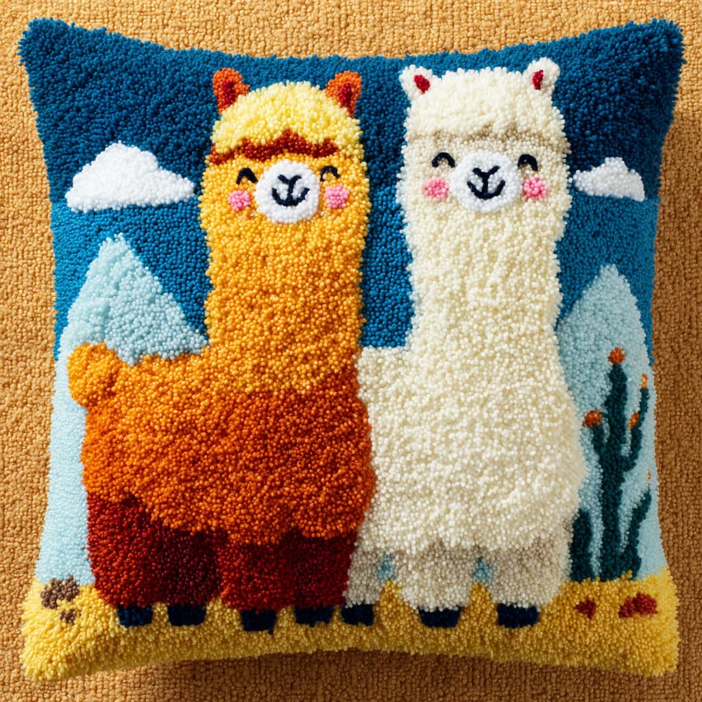 Henypt Latch Hook Kits Pillowcase Animal Alpaca Pillow Cover Pre-Printed Patterns Pillowcase Needlework Crochet Yarns Latch Hooking Cushion 17x17inch