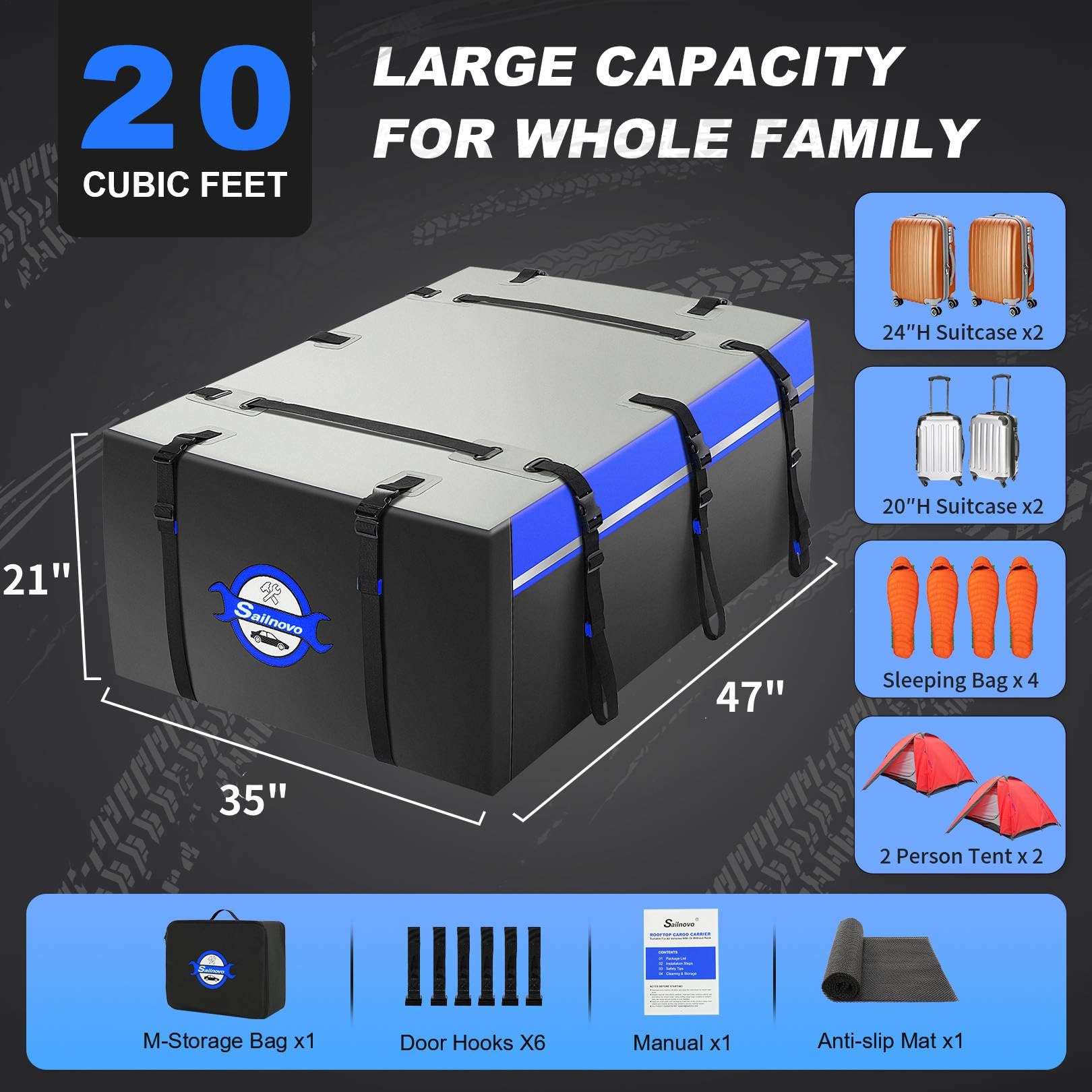 Sailnovo Techo Coche Coche Waterproof Extended z 6 Correas Estables, almohadillas antideslizantes y carcasas para coches