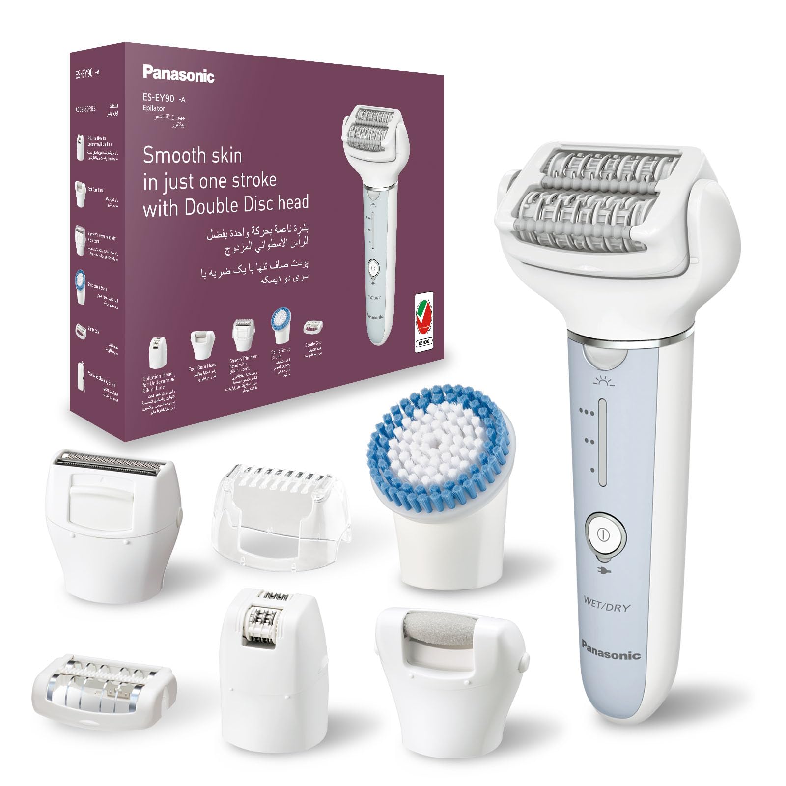 Panasonic ES-EY90 Wet and Dry Epilator for women, Double Disc with 60 Tweezers, Flexible 90° Pivoting Head, 3 Speed Setting & LED Light, Up to 30 Minutes Operation Time, 8 attachments