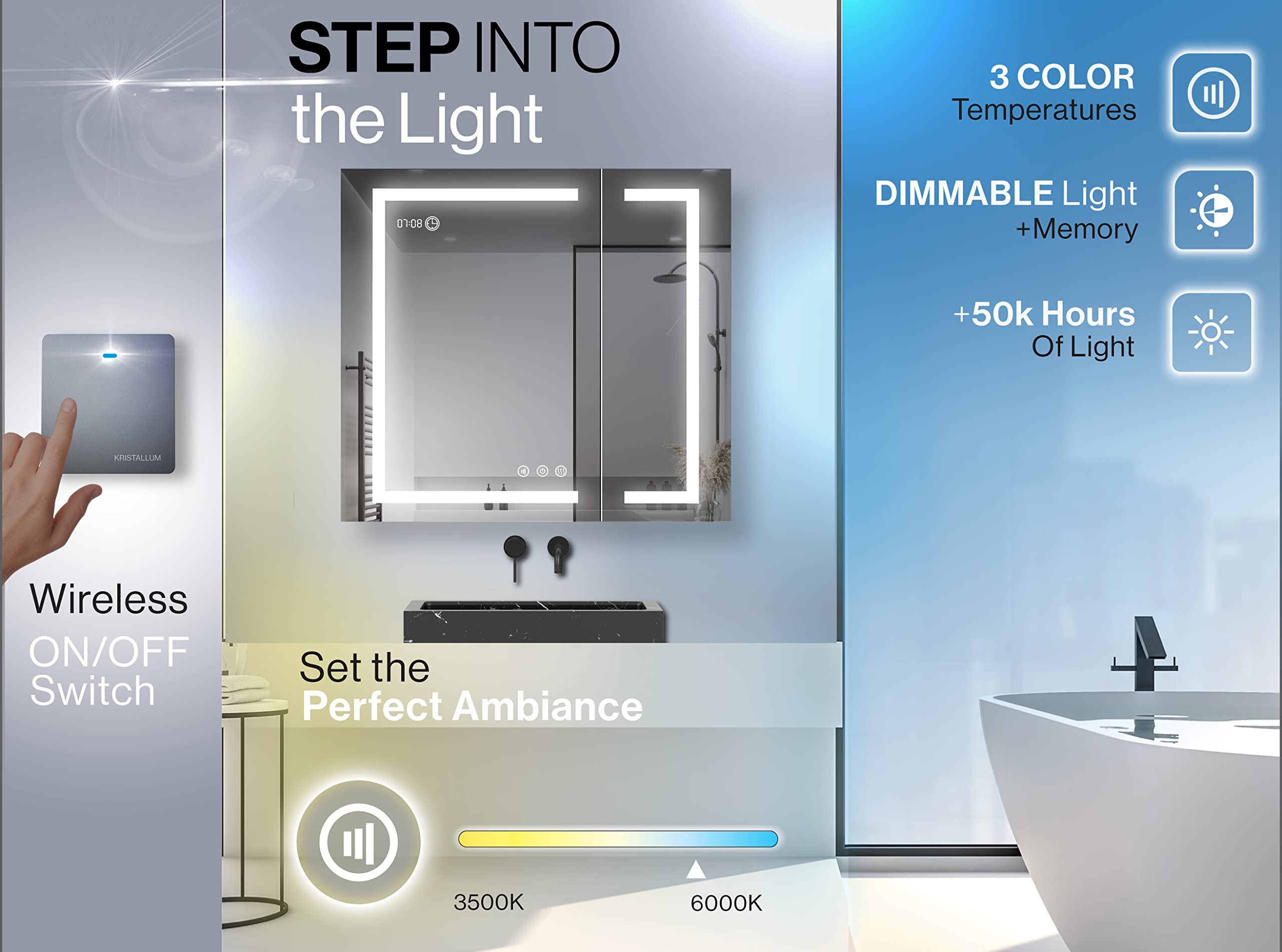 KRISTALLUM Bathroom Mirror 36x32 Surface or Recessed LED