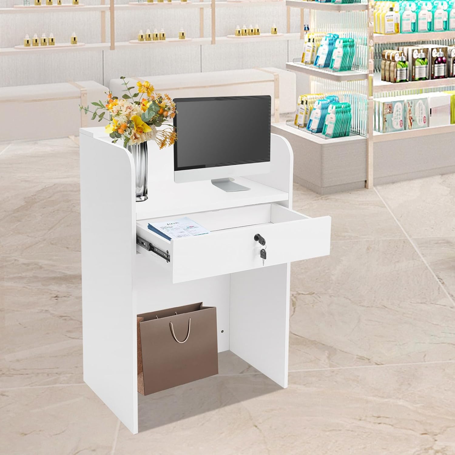 AngelcityCC Small Reception Desk with Counter LED Light, Modern Front Desk with Lockable Drawer, Retail Checkout Counter for Clothing Salon Shop Hotel