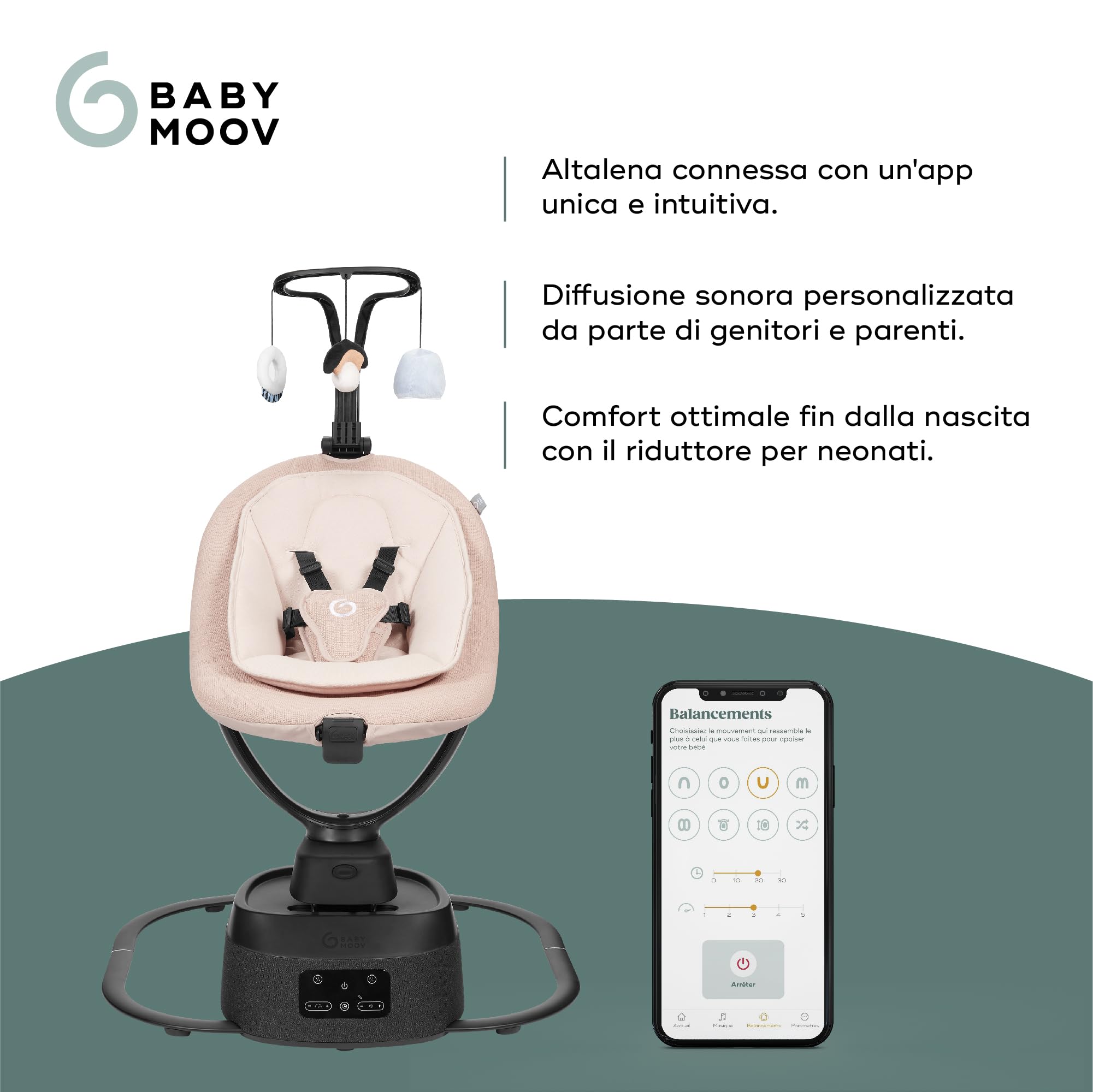 Babymoov Altalena per bambini elettrica Swoon Evolution Mocca- Connessa con applicazione mobile - Streaming musicale, registrazione di voci e ninnenanne personalizzate - Riduttore per neonato incluso