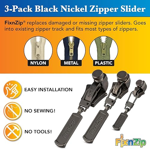 Miniatura 2 de FixNZip Paquete de reparación de cremallera de níquel negro pequeño, mediano y grande Reemplazo universal sin costuras deslizante para todas
