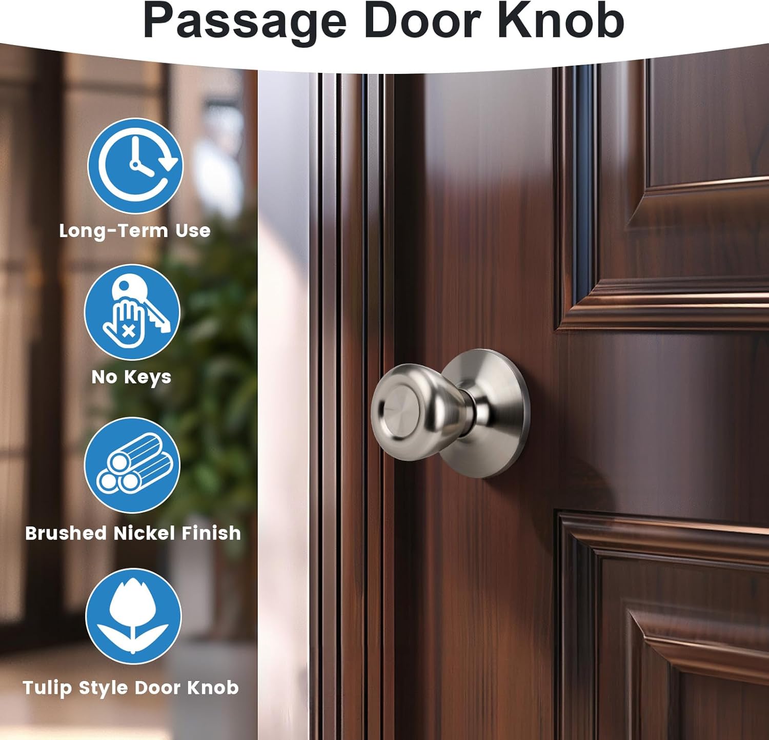 KNOBWELL 1 Pack Passage Door Knobs Brushed Nickel, Round Interior Door Knobs for Closet and Hallway, Satin Nickel Indoor Door Knob Keyless, Silver Door Knob with Lock, Tulip Design