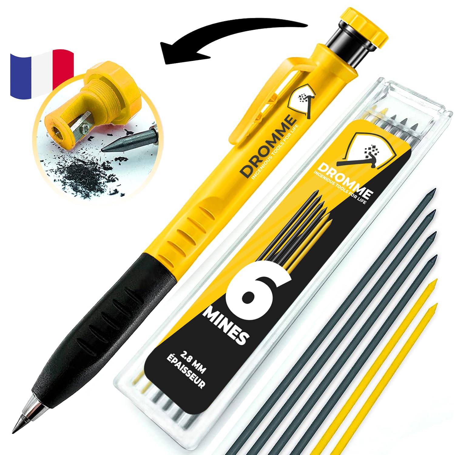 Dromme Lápiz Profesional para Carpinteros [Incluye 7 Minas + Sacapuntas] - Perfecto para Marcar en Todas las Superficies - Set de Lápices para Obras Fuertes y Prácticos