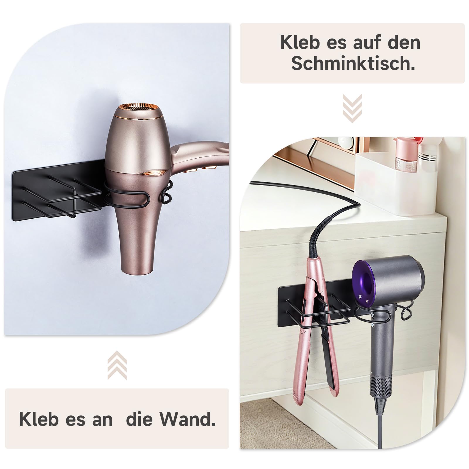 Föhn und Glätteisen Halterung, Föhnhalter Wand Ohne Bohren, Fönhalterung Wandhalterung, Haartrockner Halterung für Fön Glätteisen Aufbewahrung, Haartrocknerhalter (Schwarz)