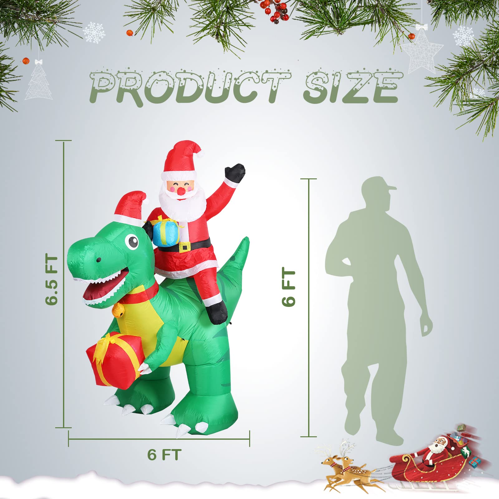 Dinosaurio inflable de Navidad de 6.5 pies de altura, decoraciones inflables de Papá Noel montando en dinosaurio, decoraciones de patio con luces LED integradas para Navidad, fiestas, césped,