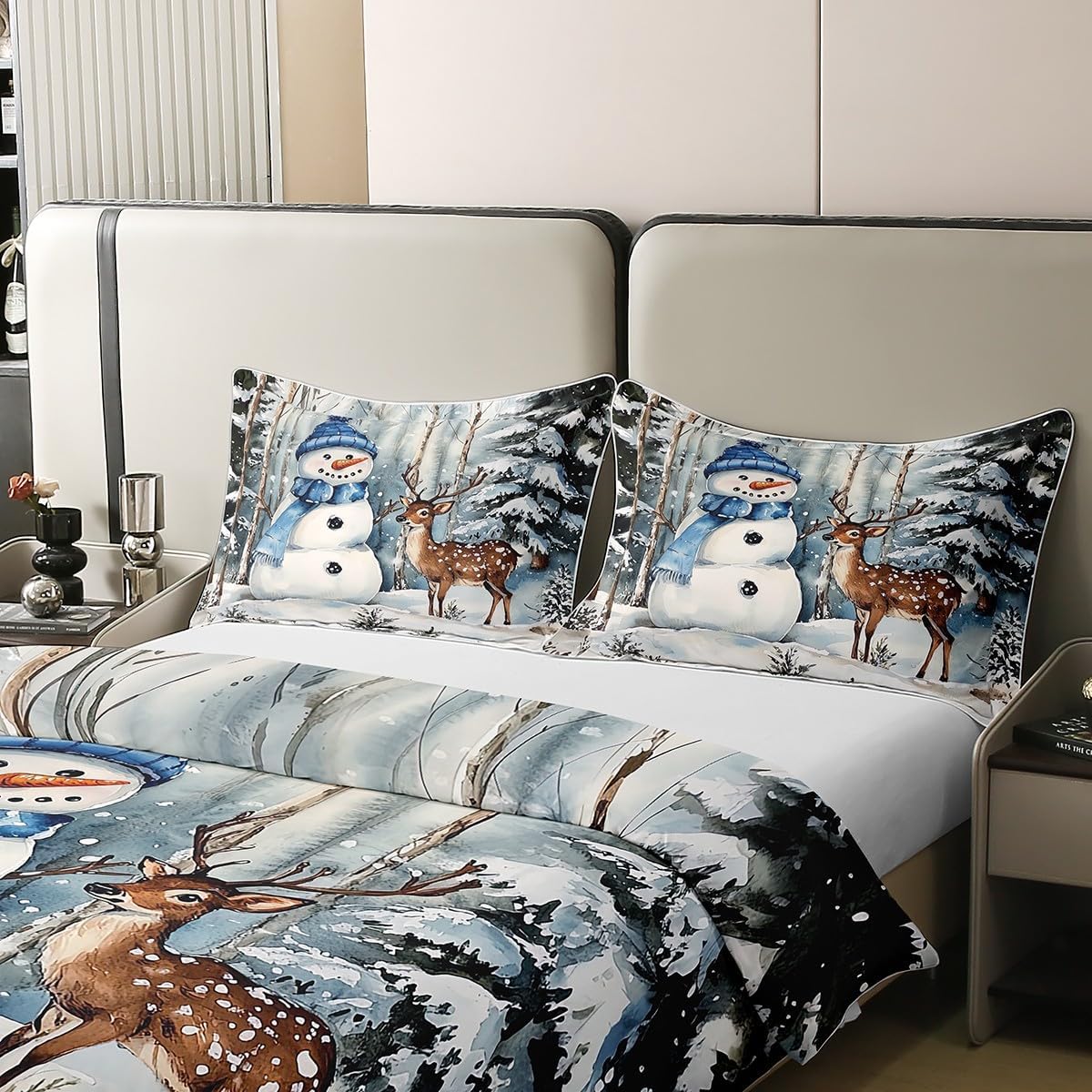 Erosebridal Christmas Snowman 100% Cotton Duvet Cover,Christmas Bedding Set Full for Kids Boys Girls,Snow Mountain Reversible Bed Sets,Winter Deer Quilt Cover with 2 Pillowcases,no Comforter