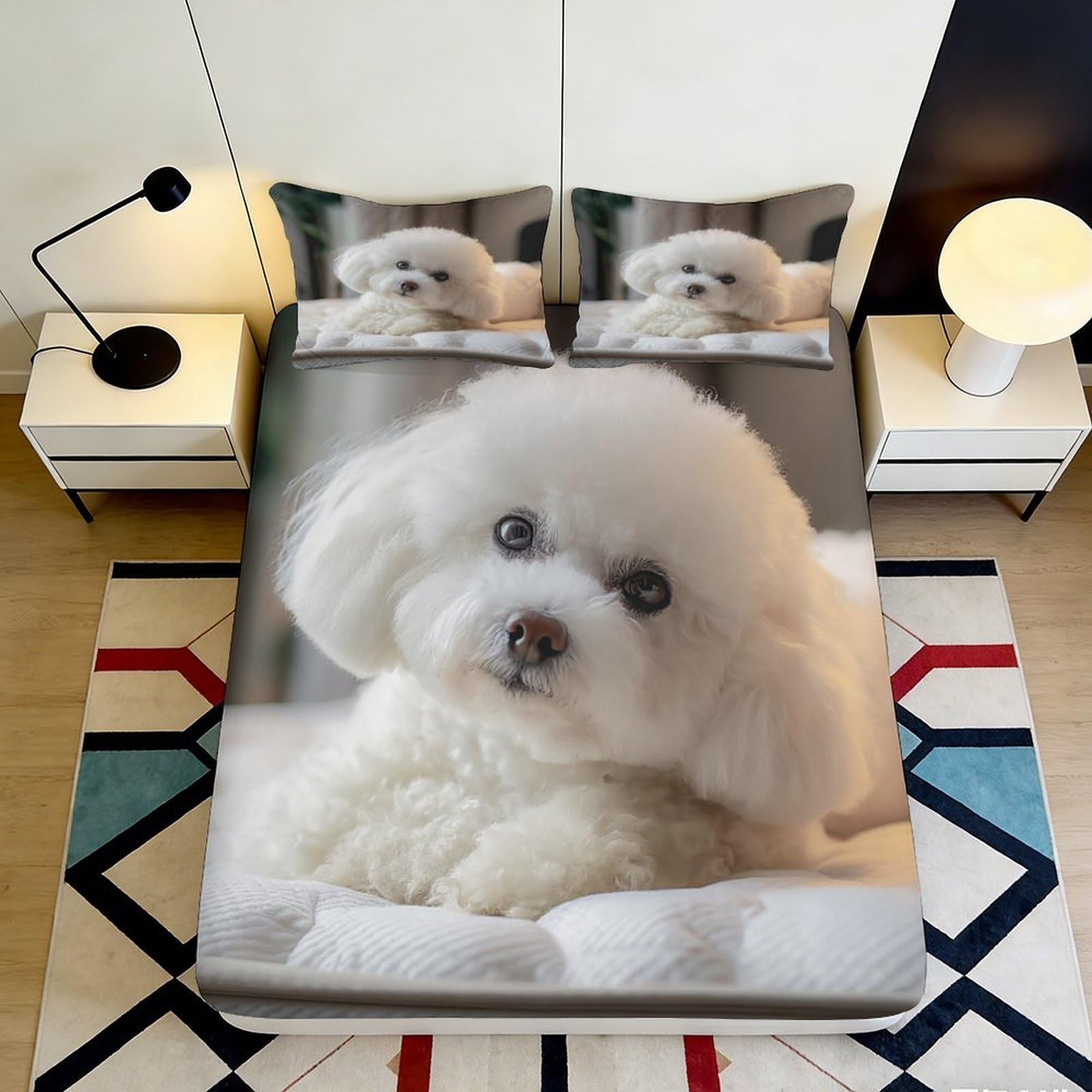 Uxinyoume Style-9 3D Printed White Poodle Fitted Sheet Microfiber Soft Bed Cover Cute Dog Bedroom Decor For Home Dorm Mattress Protection 90X200x25cm