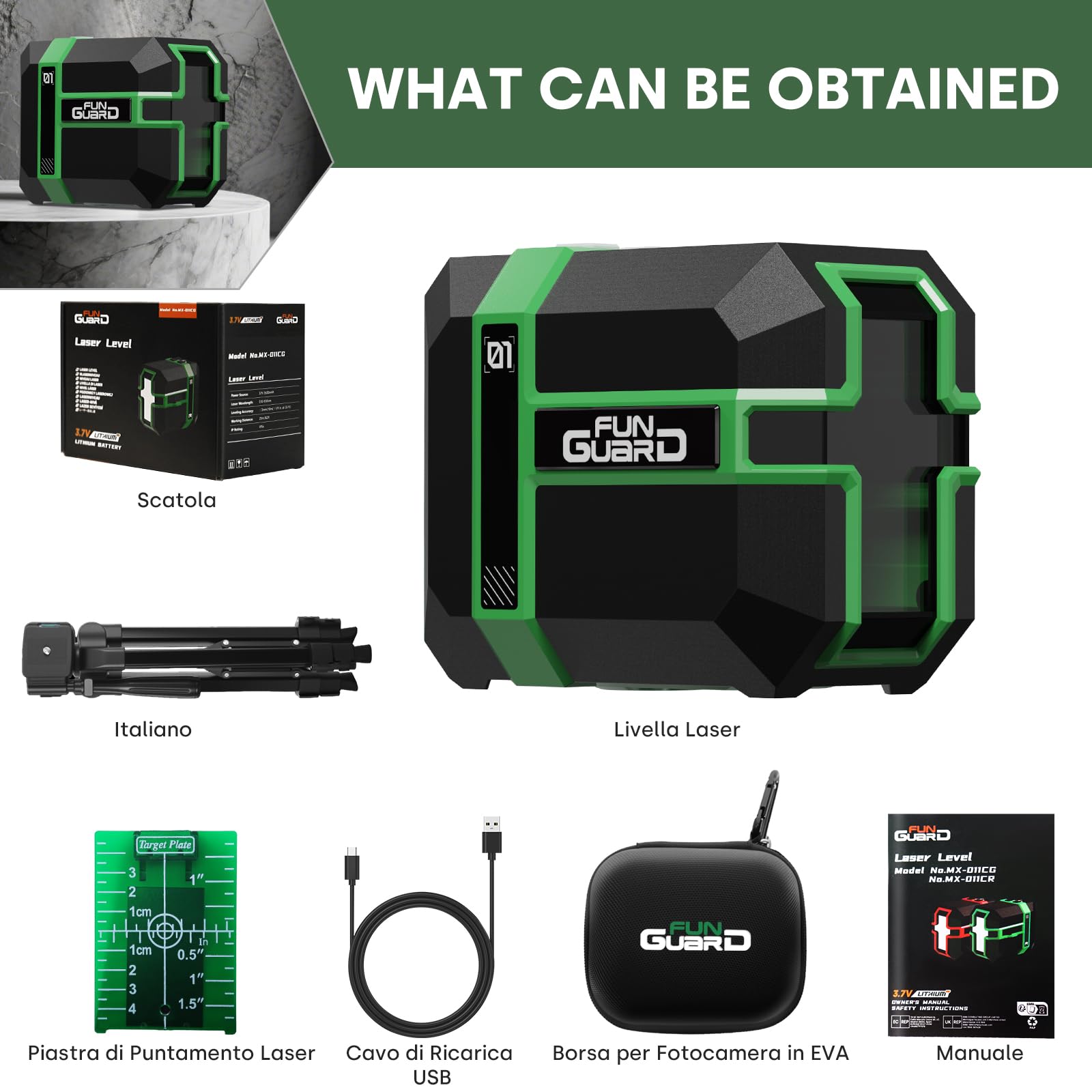 Livella Laser con treppiede, Verde Autolivellante Modulo Laser Doppio 50M, 3 Modalità per Passare Orizzontale/Verticale, Modalità a impulsi, USB Ricarica, IP54 per Cantieri,DIY