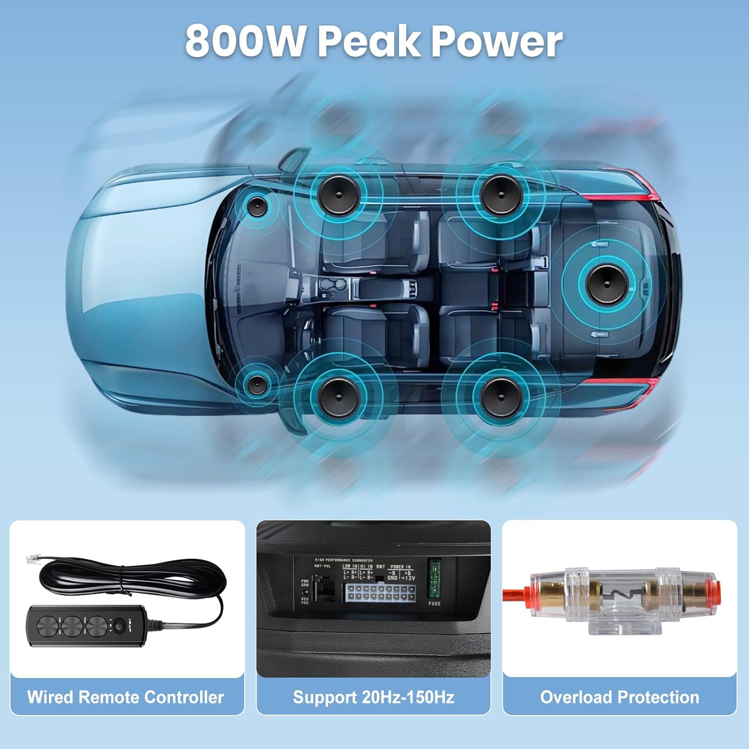 Image of the wired remote control for the Junsun subwoofer, showing its various knobs for gain, bass boost, LPF, and phase adjustment.