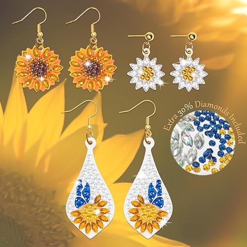 AllInDOOR Juego de 3 pares de aretes de girasol con pintura de diamantes, juego de joyas brillantes 5D con herramientas, decoración de orejas