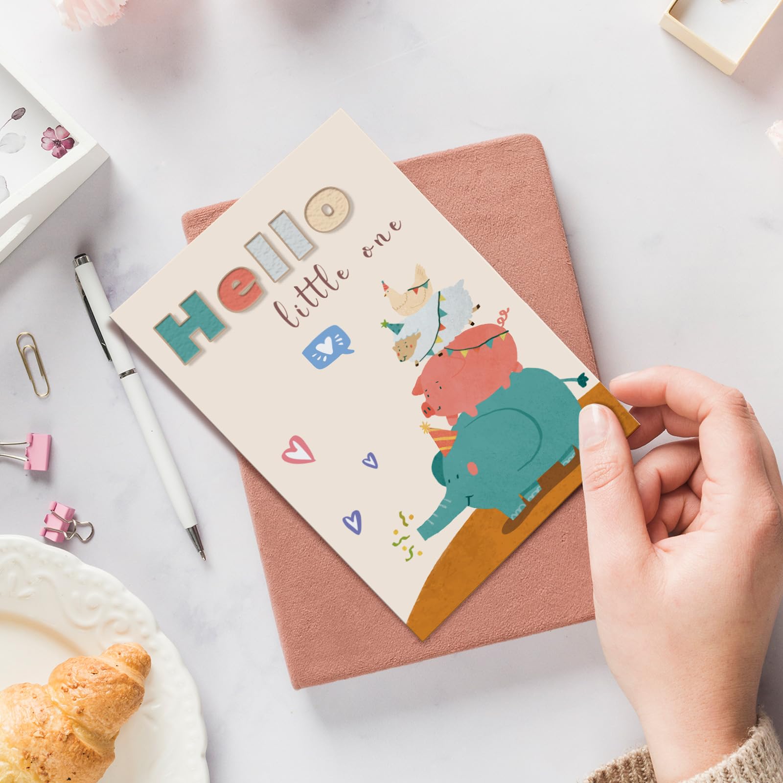 Zabawna kartka na baby shower dla chłopca dziewczynki, urocza nowa kartka dla nowych rodziców, prezenty ujawniające płeć, Hello Little One