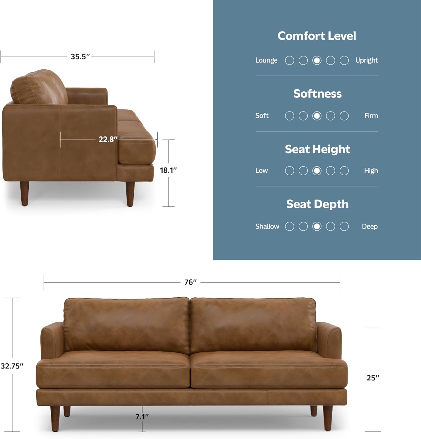 SIMPLIHOME Livingston Sofa - 76 inch Wide Top Grain Genuine Leather Sofa in Caramel Brown, Mid-Century Modern Loveseat for Living Room with Removable Feather-Wrapped Cushions and Solid Wood Frame