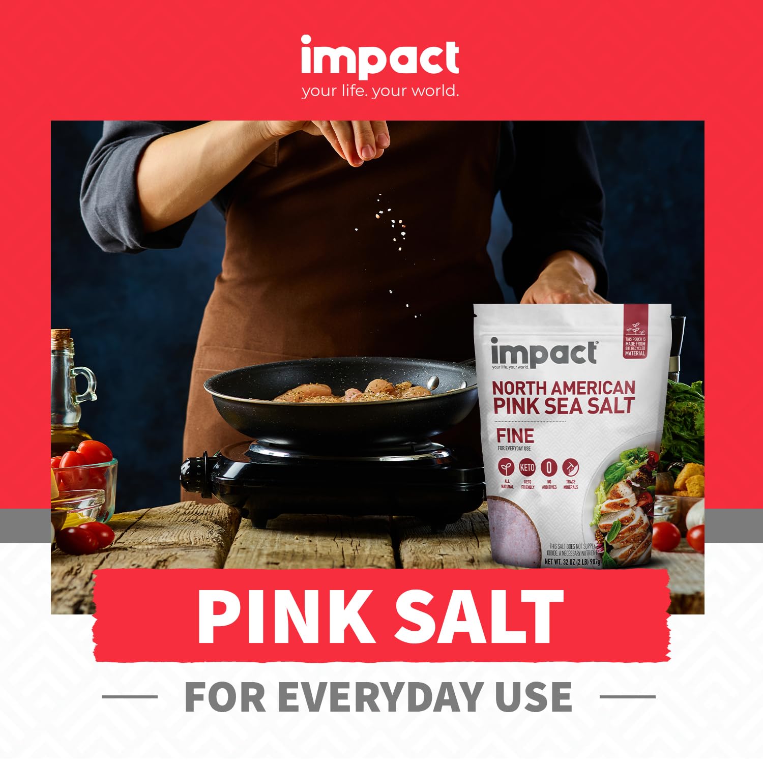 Impact - Fine Grain North American Pink Sea Salt - Low-Carb Friendly Non-GMO Gluten-Free Trace Minerals For Everyday Use Rich in Minerals - 2lb (Pack of 2)