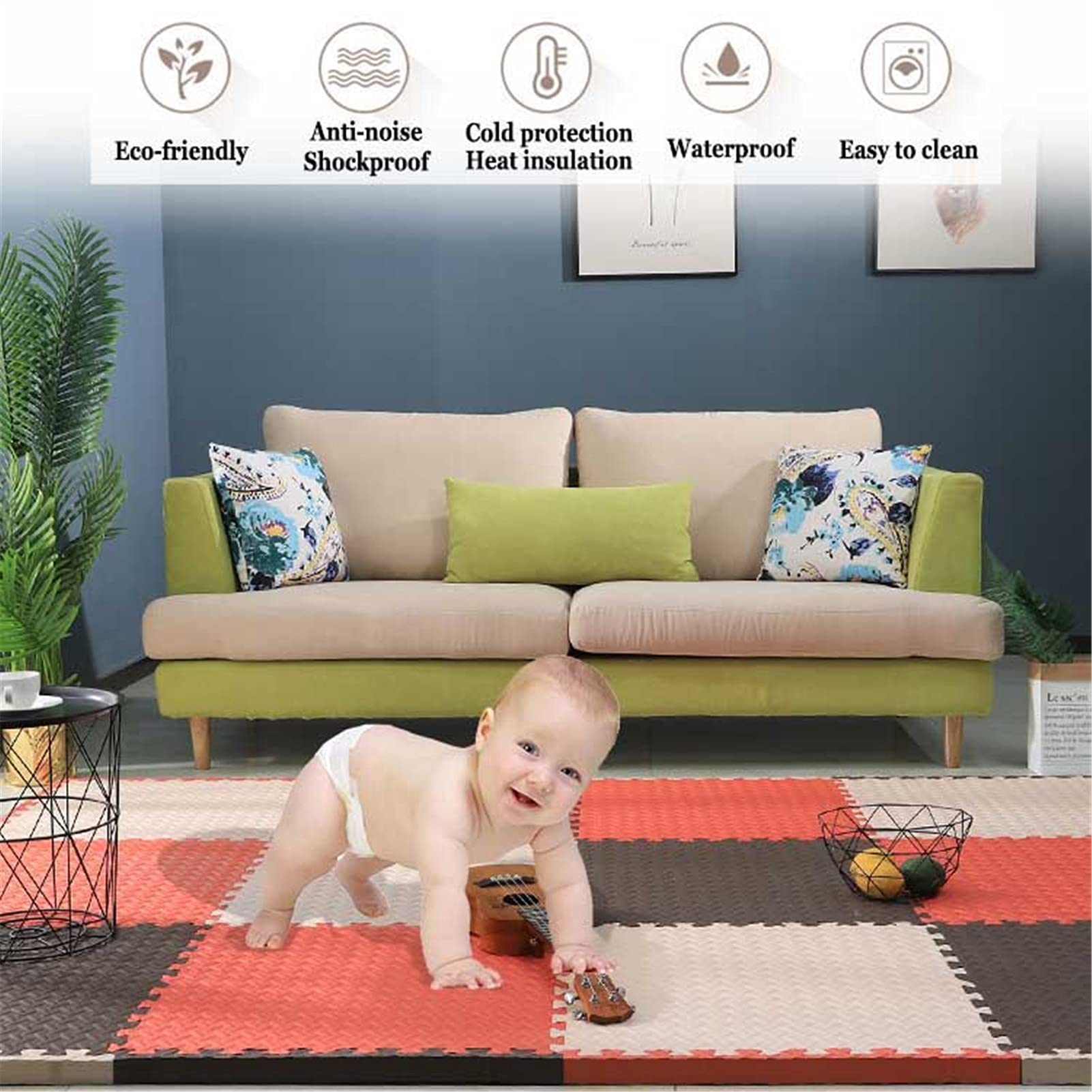 Kinder-Schaumstoff-Spielmatte 50X50cm/19,6" X19,6 Weiche Eva-Schaumstoff-Ineinandergreifende Matte 1,6 cm Dick Bunt Puzzle-Matte Für Kinderzimmer Wohnzimmer Fitnessstudio,White+Gray+Gray 1,10pcs