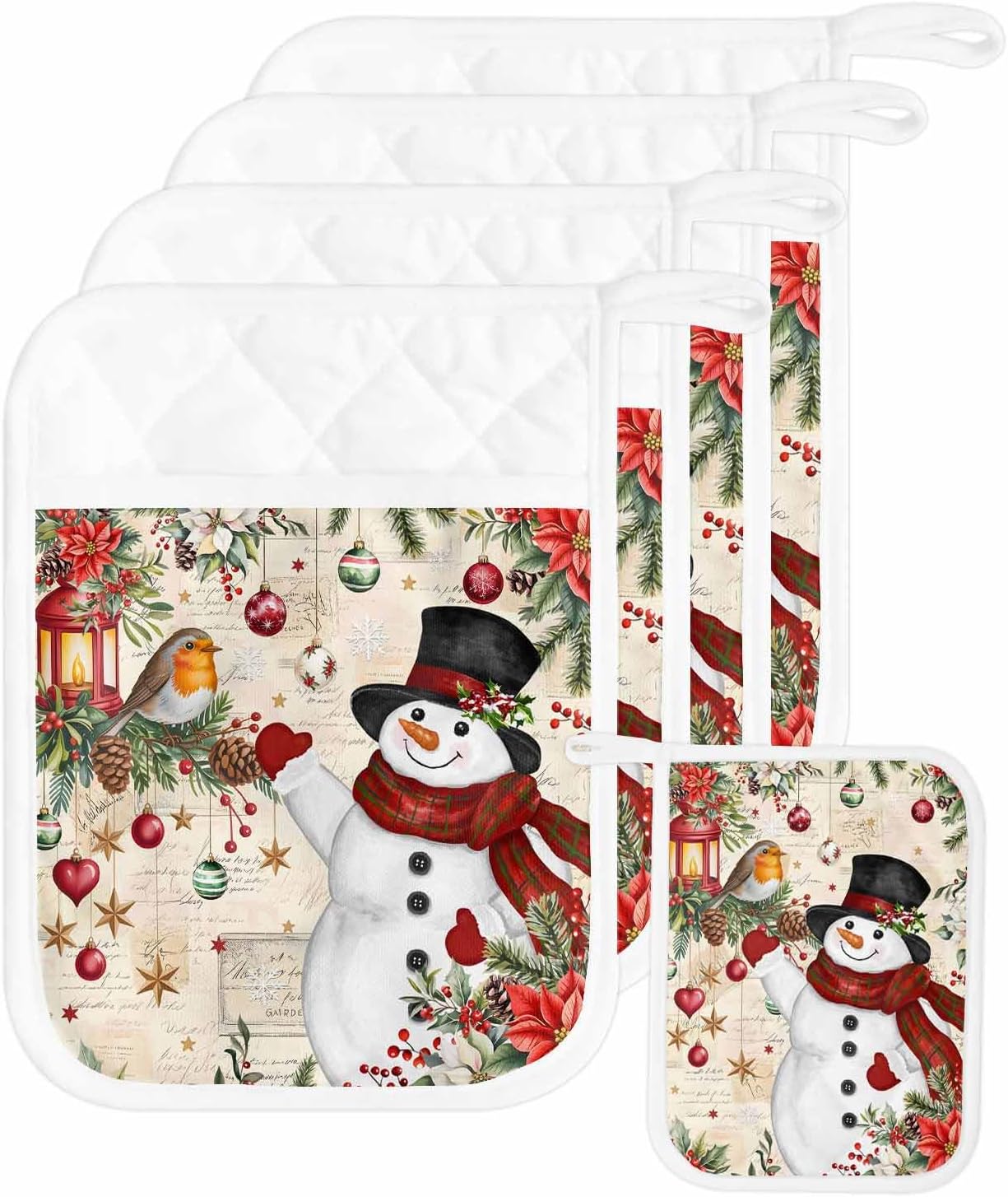 4PCS Pot Holders with Pocket for Kitchen, Christmas Pot Holder Set Heat Insulation Potholders, Red Snowman Xmas Tree Snowflake Winter Bird Oven Mitts Hot Pads for Baking Cooking Barbecue