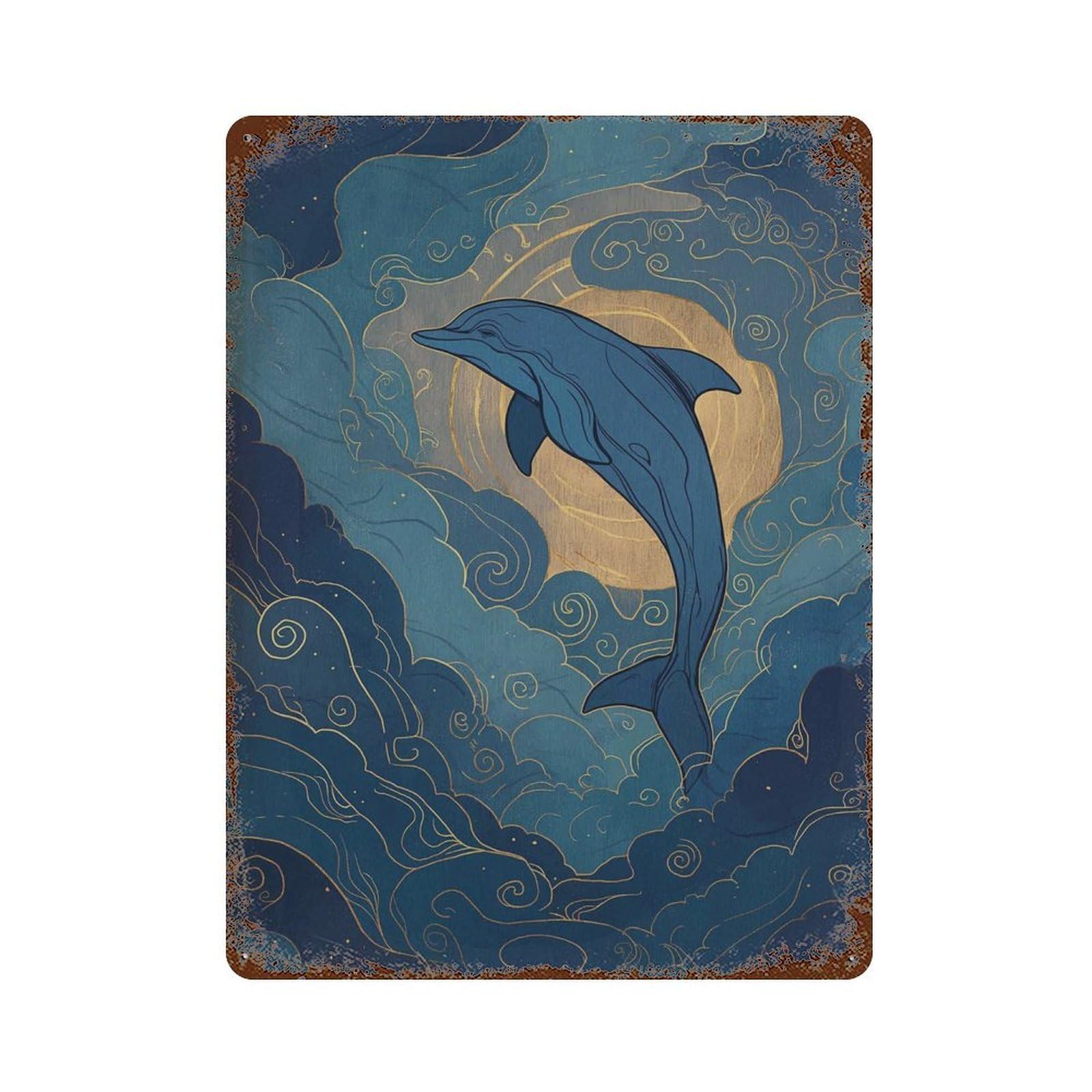 xiaoxiaoshen Dolphin Celestial Ocean Blue Sea Animal Fantasy Night Sky Marine Work Wall Decor Art Metal Tin Poster Modern Home Decor Art Home Bar Shop Decorations Vintage Sign 40x30cm