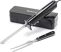 Elite Gourmet Conjunto de facas elétricas para esculpir carnes, pães e mais. Interruptor liga/desliga ativado por pressão, trava de segurança, 2 conjuntos de lâminas serrilhadas de aço inoxidável