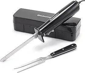 Elite Gourmet Conjunto de facas elétricas para esculpir carnes, pães e mais. Interruptor liga/desliga ativado por pressão, trava de segurança, 2 conjuntos de lâminas serrilhadas de aço inoxidável
