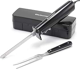 Elite Gourmet Conjunto de facas elétricas para esculpir carnes, pães e mais. Interruptor liga/desliga ativado por pressão, trava de segurança, 2 conjuntos de lâminas serrilhadas de aço inoxidável