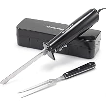 Elite Gourmet Electric Knife Set for Carving Meats, Bread & More. Pressure-activated On/Off Switch, Safety Lock, 2 Serrated Stainless-Steel Blade Sets, Storage Case, Carving/Serving Fork, Black