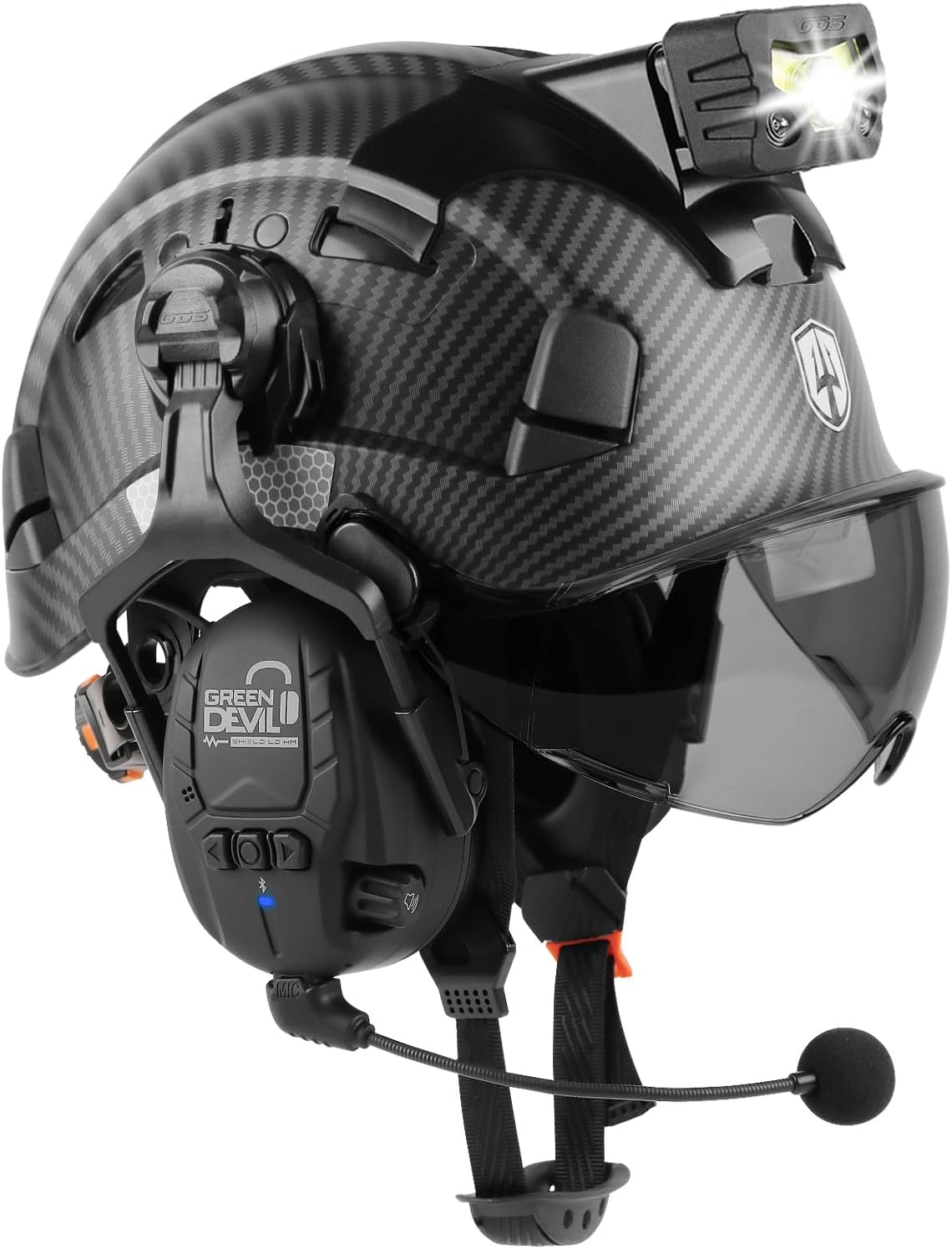 Hard Hat Safety Helmet with Visor Bluetooth Ear Muffs and Headlamp 5 in 1 Full Protection Vented Work Hardhat ANSI Z89.1 Cascos De Construccion for Industrial Construction Forestry