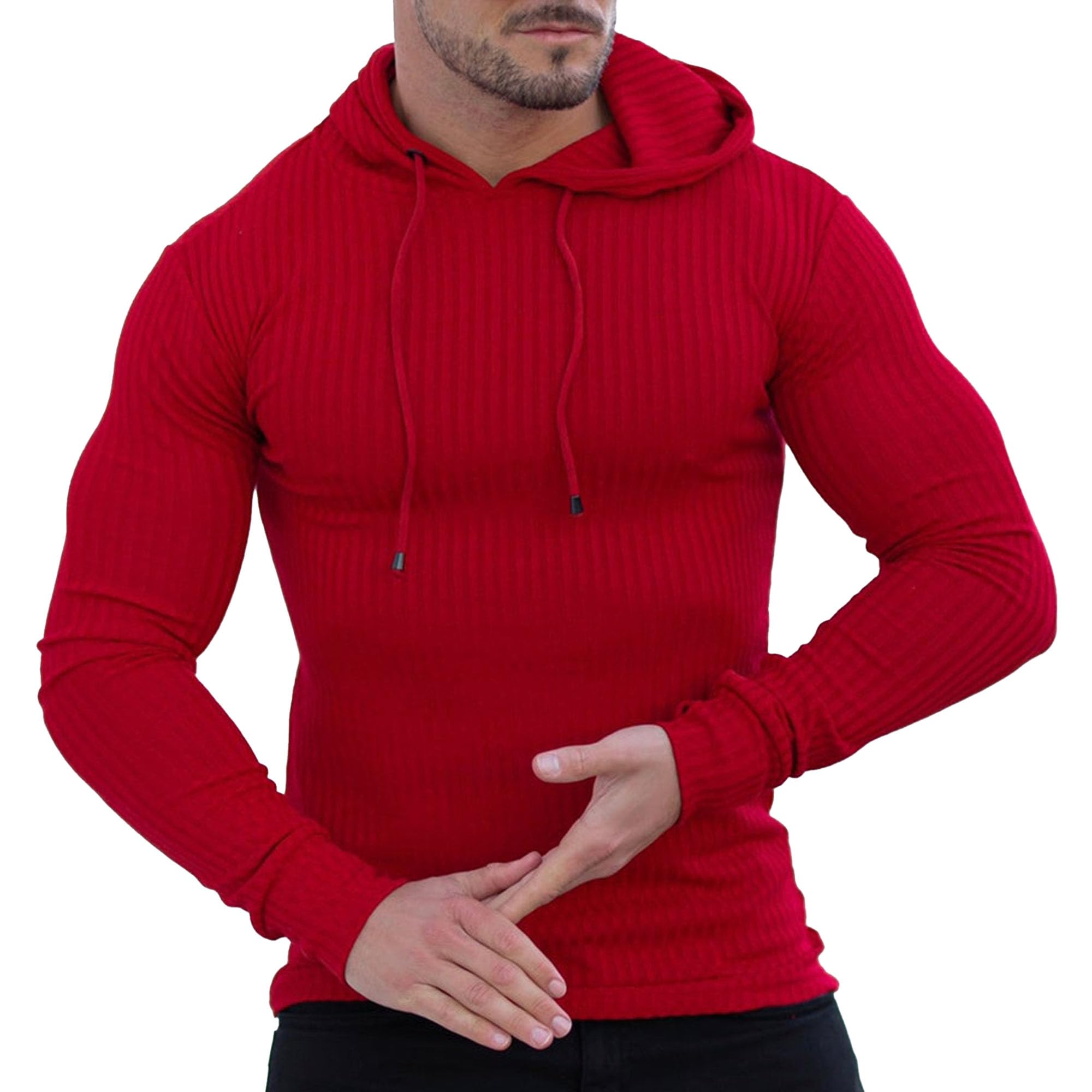 Maiyifu-GJ Men's Muscle Long Sleeve Hoodies Stretch Long Sleeve Hooded Sweatshirt Fashion Lightweight Ribbed Gym Shirt