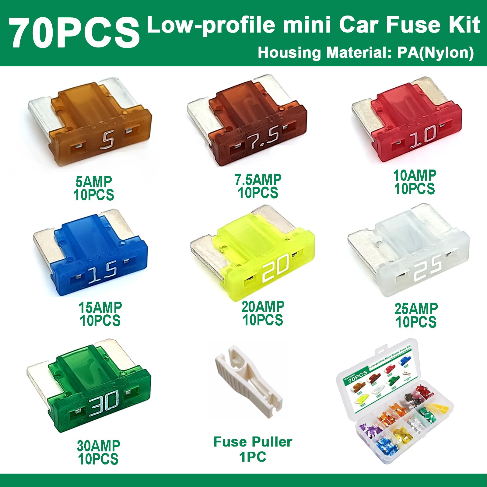 70 fusibles automotrices para automóvil, kit surtido de fusibles de coche, mini fusibles de hoja automática de perfil bajo para automóvil, SUV, camión, caravana, accesorios de caravana (5A/7.5A/10A