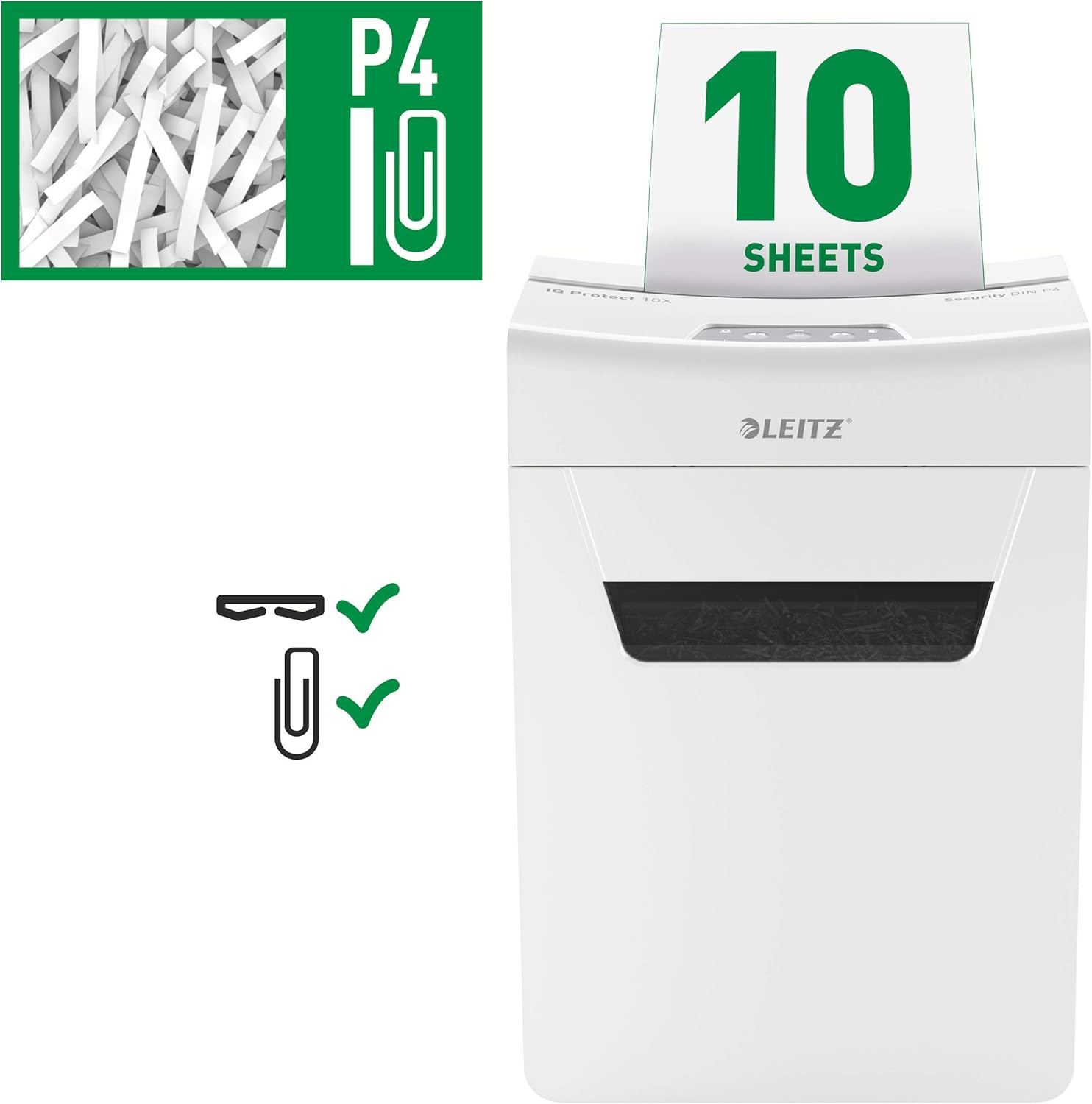Shredder Leitz IQ Protect Premium 10X P4 IQ Protect, W126159322 (Premium 10X P4 IQ Protect Premium Paper Shredder 10X P4, 18 L, Touch, P-4, 10 Sheets, Grey, White, 80 g/mý)