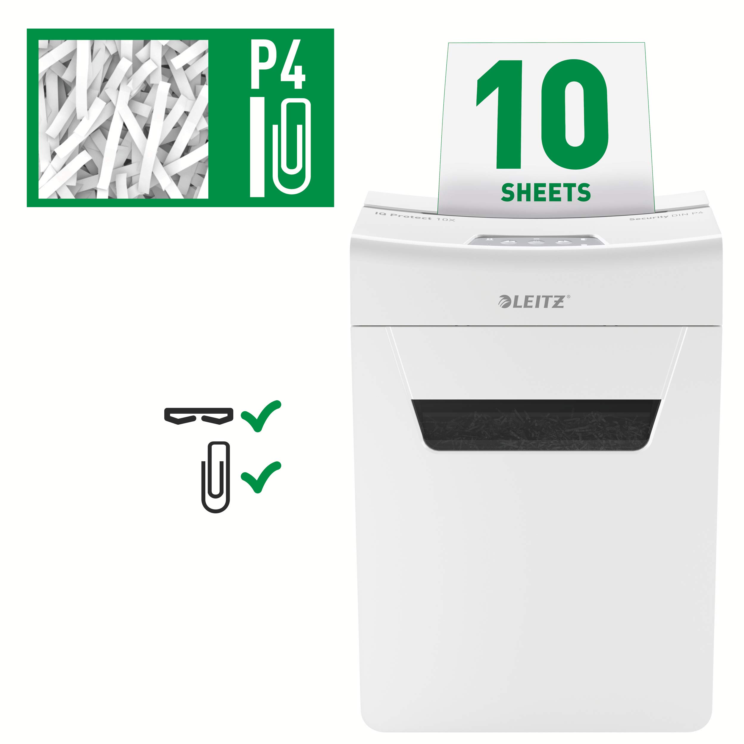 Leitz IQ Protect Premium 10X, Distruggidocumenti Manuale Personal, 11-10 Fogli (70-80 gr/mq), Taglio a Frammenti, Sicurezza P-4, Capacità 18 litri, 80920000