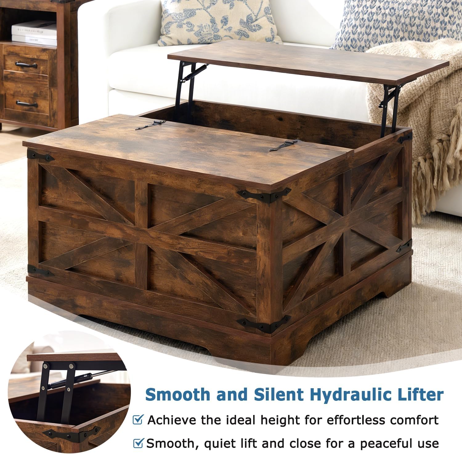 Lift Top Coffee Table, 31.5" Square Coffee Table with Storage, Farmhouse Coffee Tables for Living Room, Cocktail Tables with Large Hidden Compartment, Rustic Brown