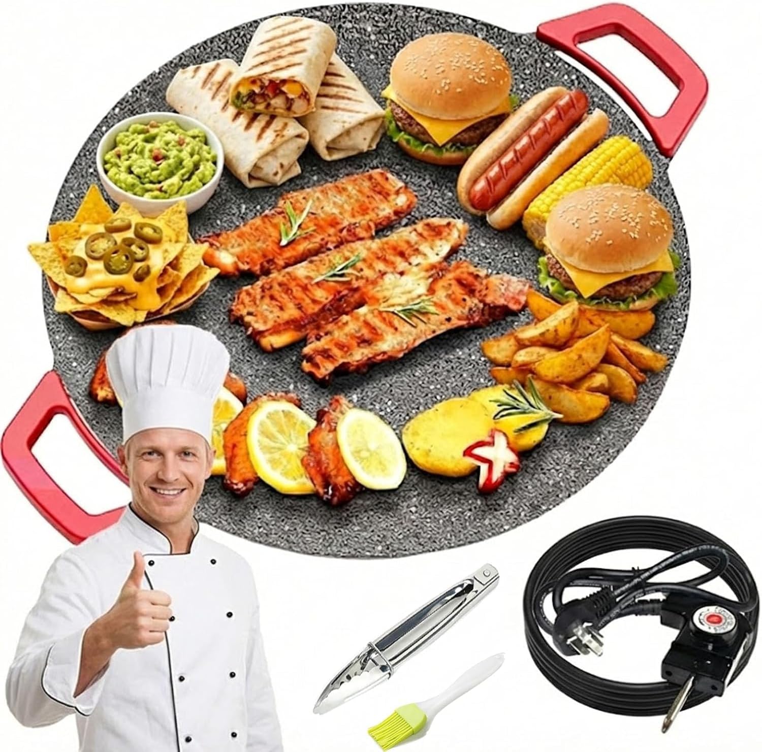 Generic 1500W Portable Electric Korean BBQ Grill, Smokeless 16 Inch Non-Stick Electric Comal, Versatile Comal Electrico for Indoor Cooking, with Oil Brush & Stainless Steel Tongs (40cm)