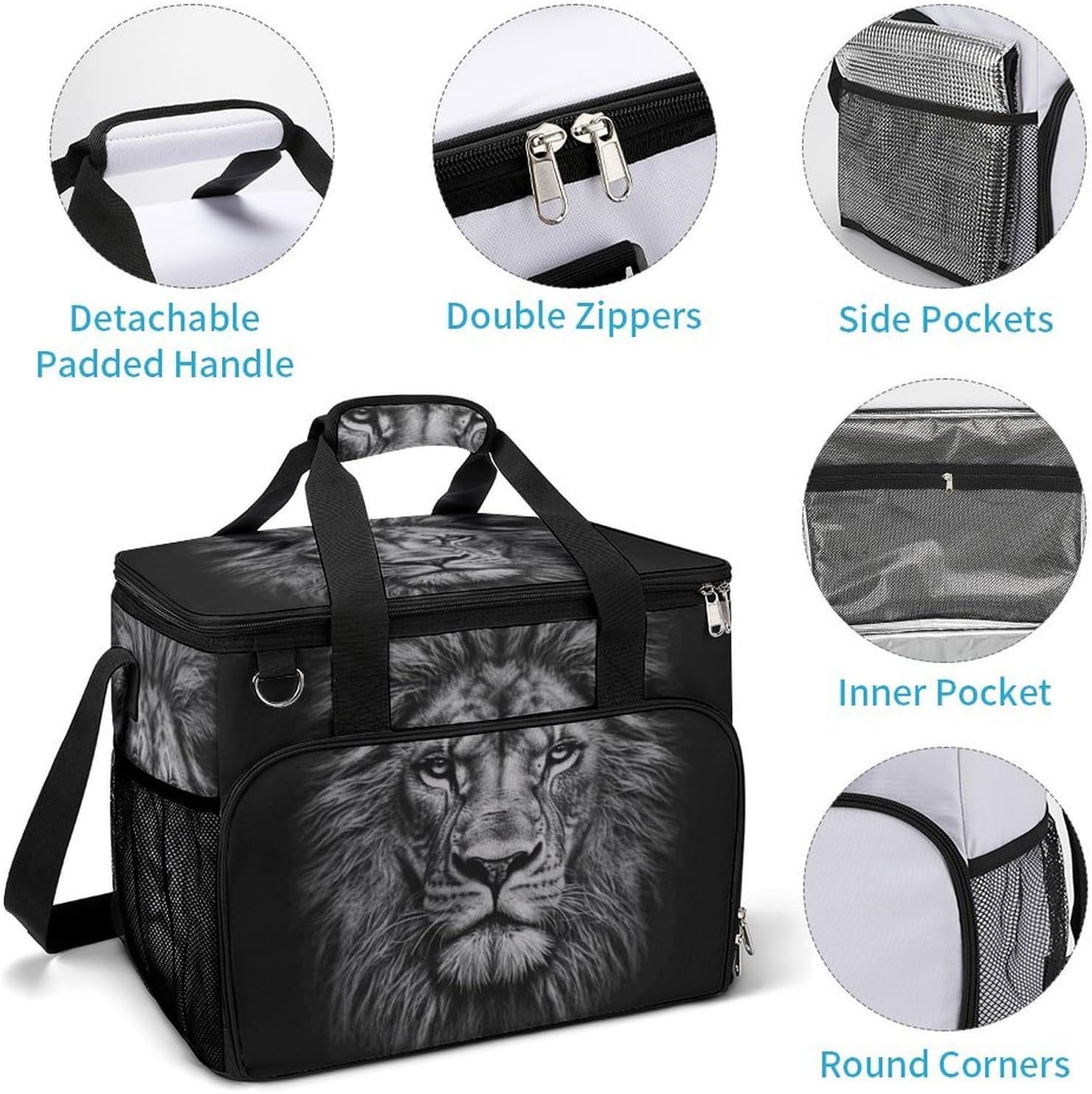 Insulated Picnic Backpack Tote Bag, Large Capacity 30L Black and White Lion Head Cooler Bag Leakproof Beach Bags Portable Lunch Box Waterproof Picnic Basket for Beach Camping BBQ