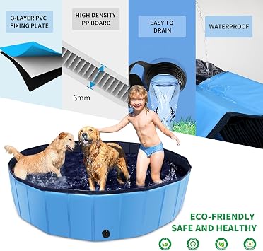 CACSPS Foldable Dog Pool, 32 x 8 Kiddie Pool with Hard Plastic, Non-Slip Dog Bath Tub for Outdoor Backyard, Collapsible Dog Swimming Pool for Kids Dogs Pets (Blue)