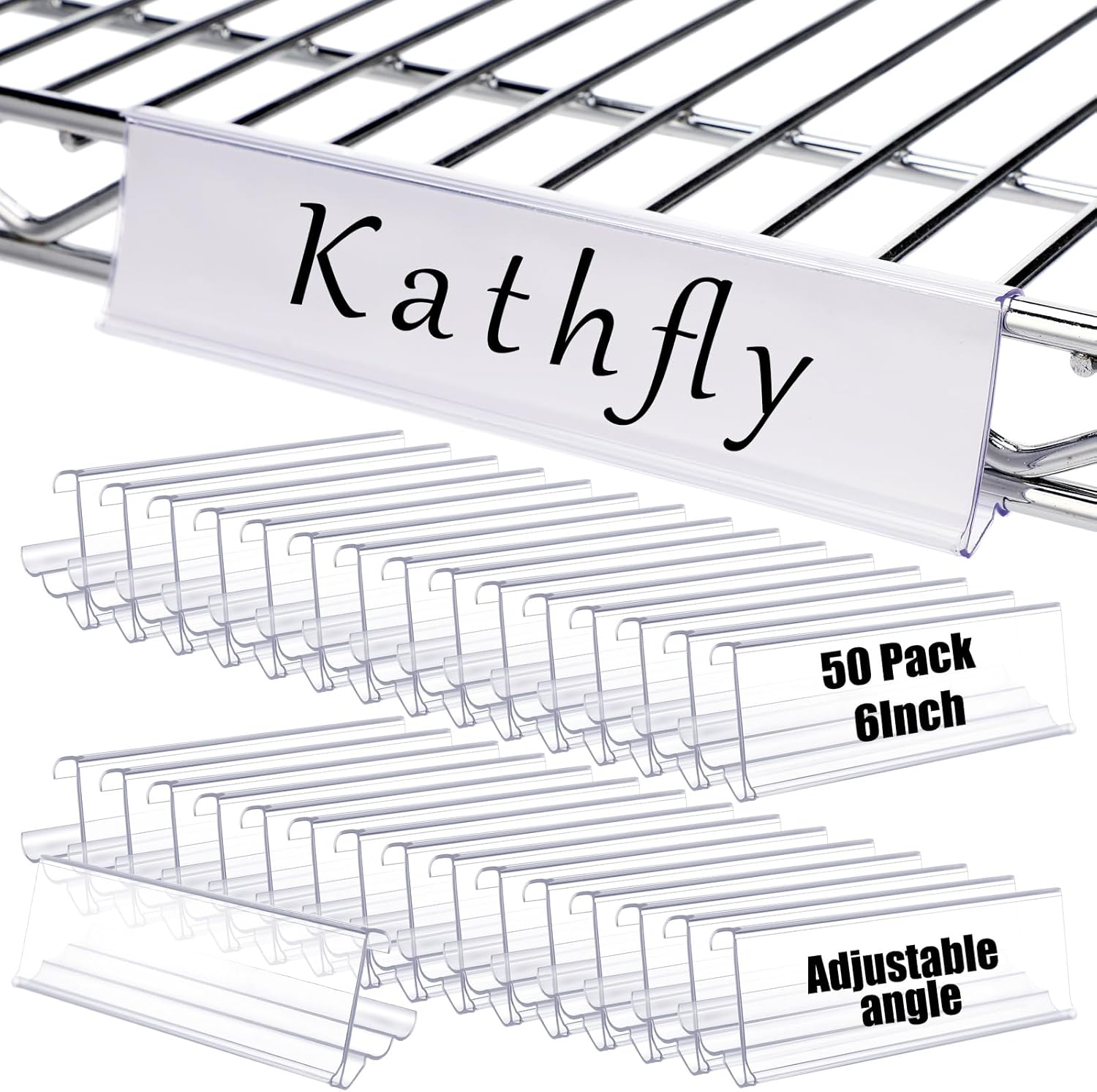 Kathfly 50 Pack Wire Shelf Label Holders Shelf Cable Tags for Wire Shelving 3 Viewing Angles 6" Adjustable Clear Plastic Rack Label Holder Retail Clips Compatible with 1-1/4in Metro Shelving